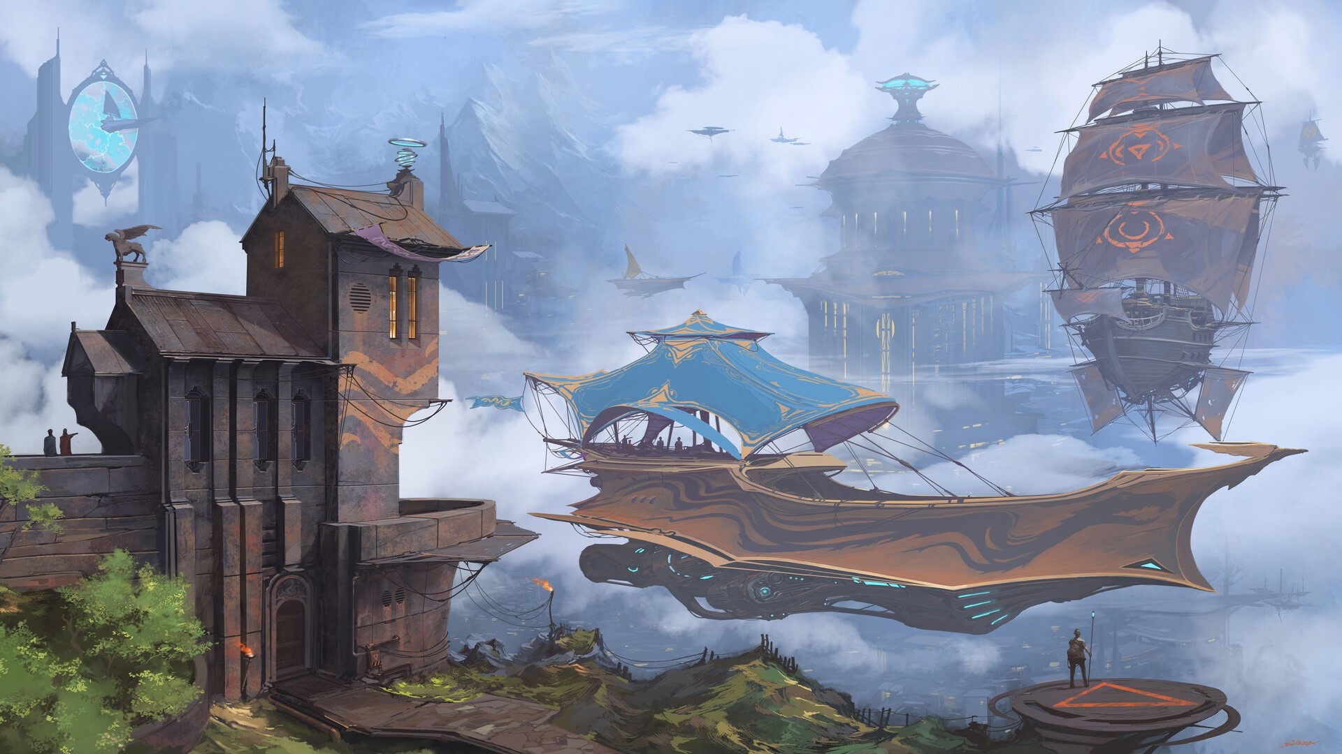 Fantasy city with airships and clock tower HD Wallpaper