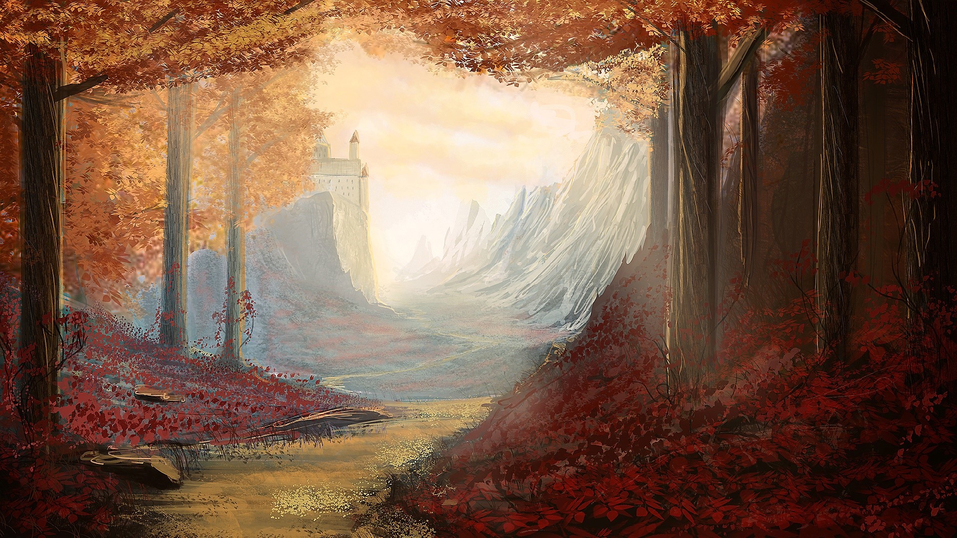 Fantasy forest with castle and mountains in autumn HD Wallpaper