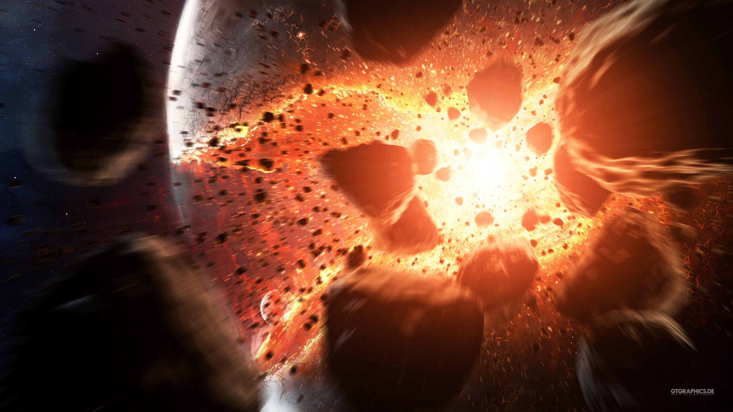 Planet explosion in space with asteroids HD Wallpaper