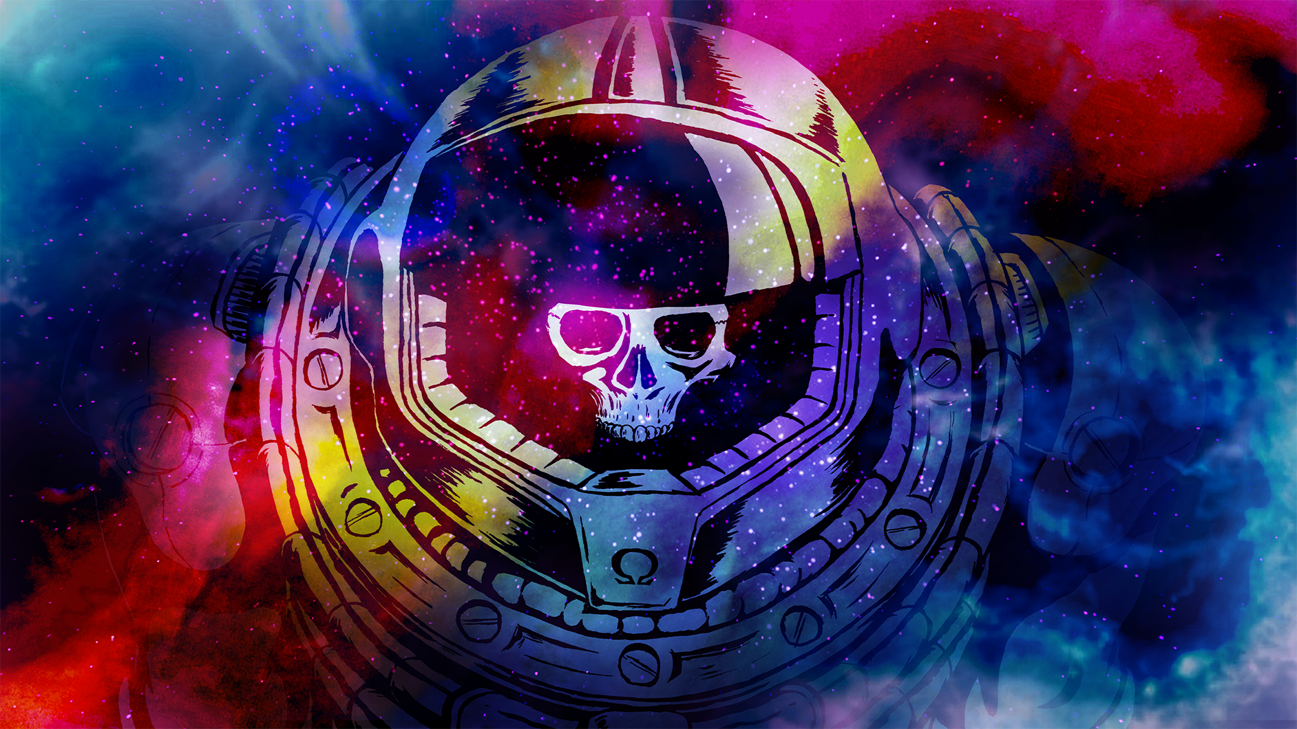 Astronaut helmet with skull in colorful nebula HD Wallpaper