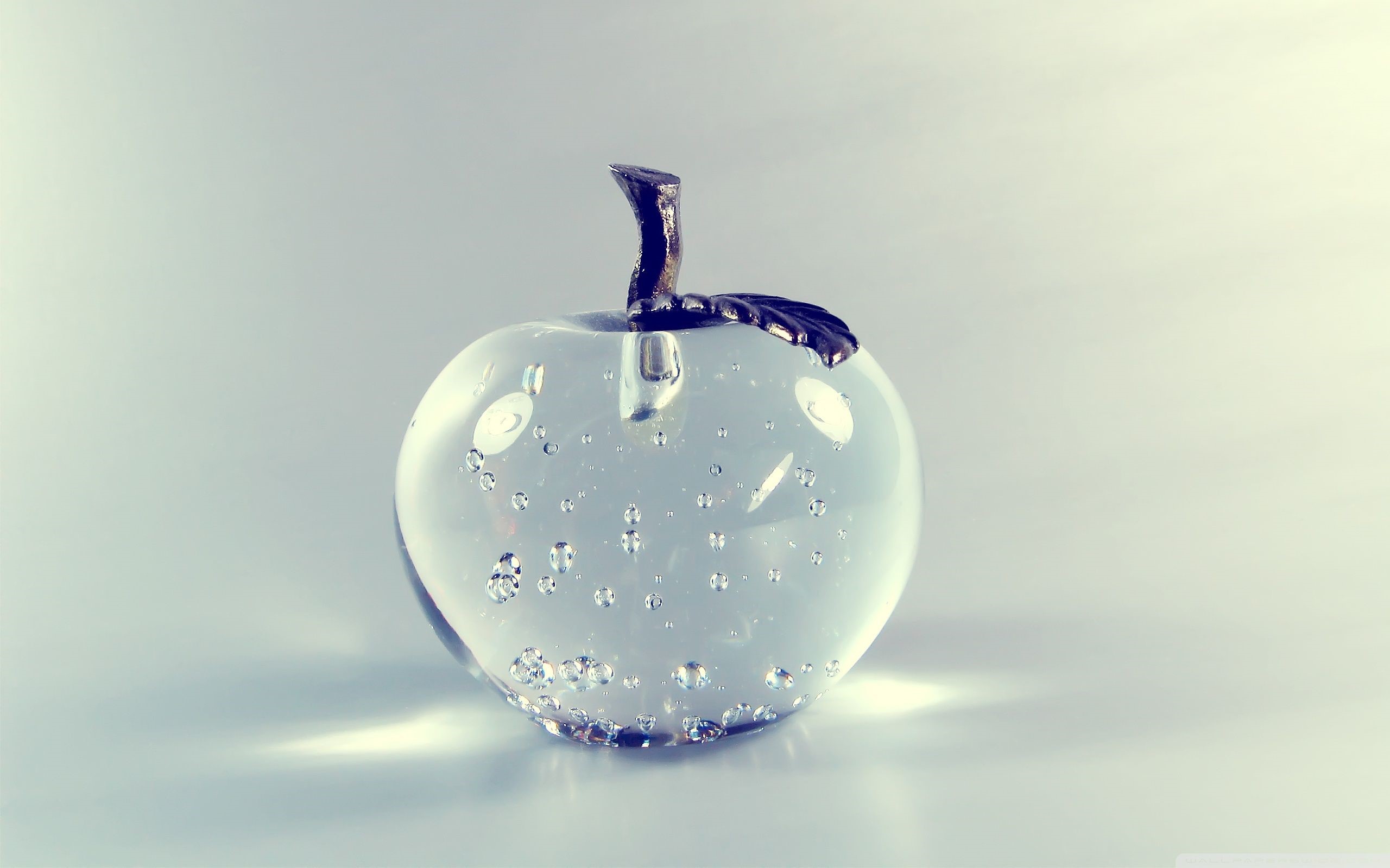 Glass apple with bubbles and metal stem HD Wallpaper