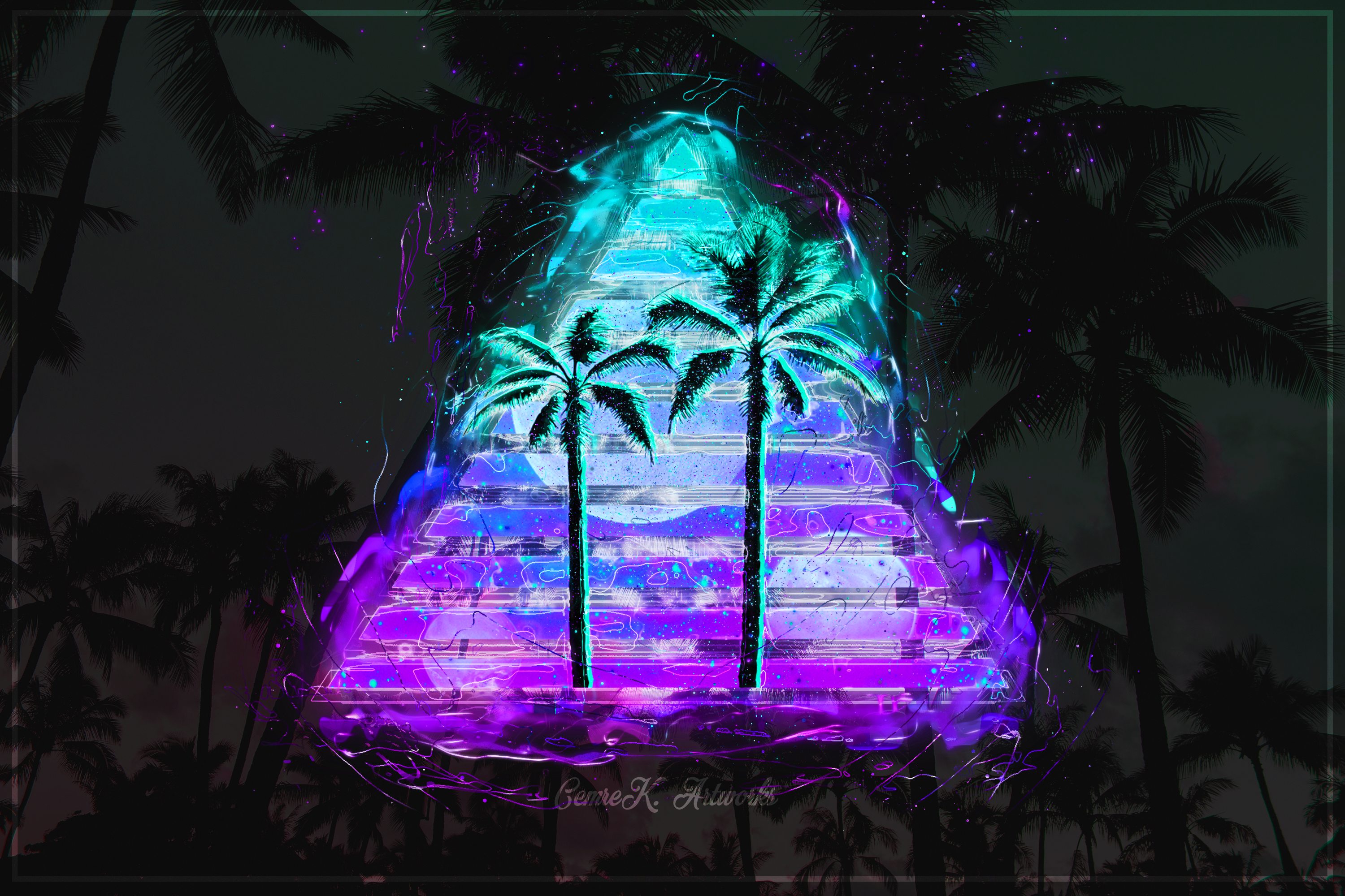 Vaporwave abstract artwork with palm trees HD Wallpaper