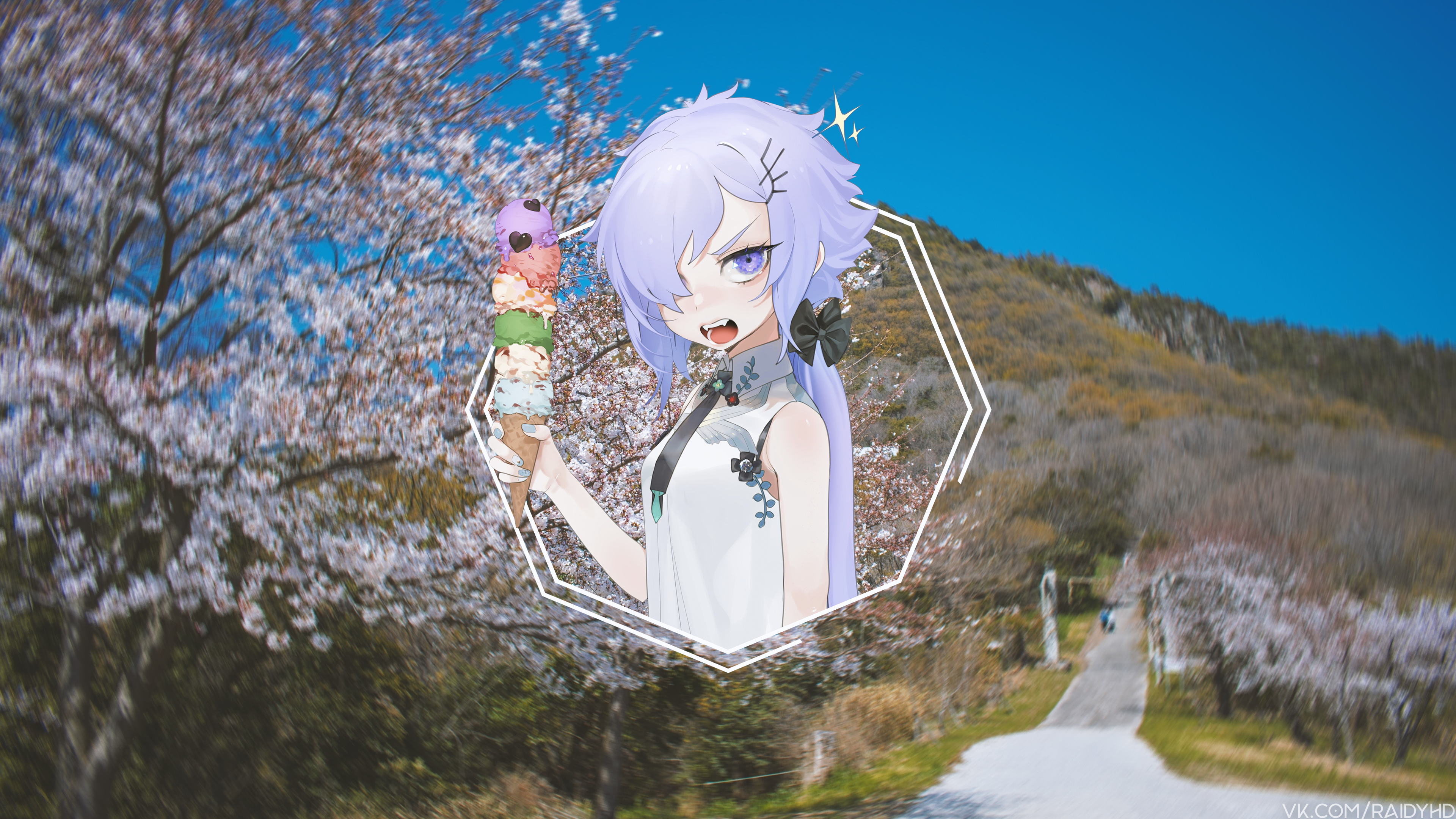 Anime girl with ice cream in front of cherry blossoms and mountain HD Wallpaper
