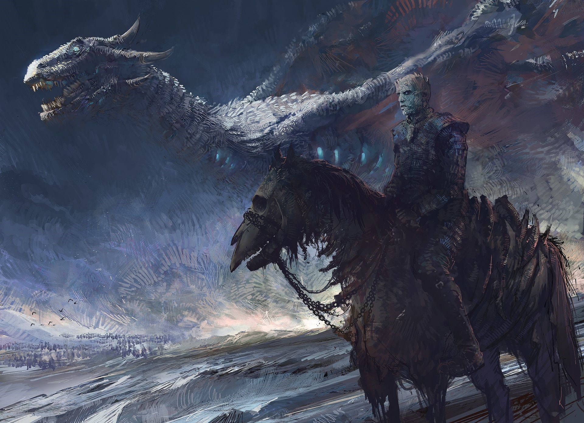 Night King on undead horse with dragon from Game of Thrones HD Wallpaper