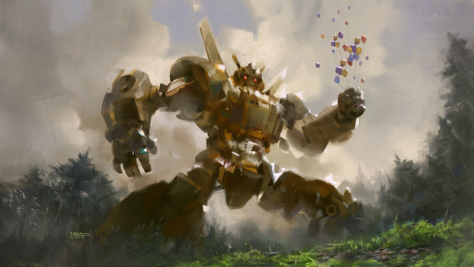 Giant robot holding colorful balloons in a forest HD Wallpaper