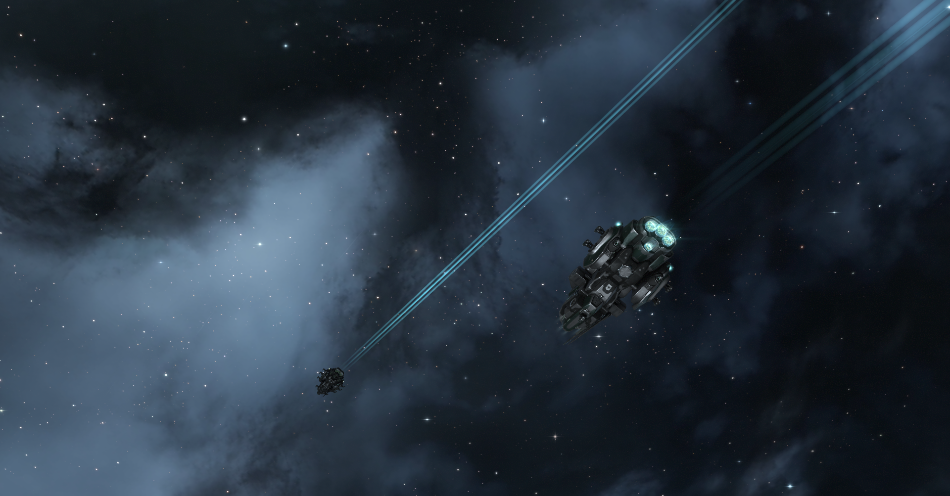Two spaceships in EVE Online with blue laser beams HD Wallpaper