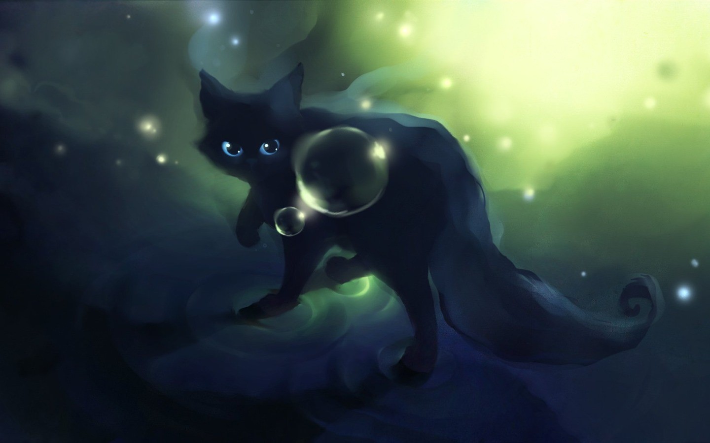 Black cat with glowing blue eyes and bubbles HD Wallpaper