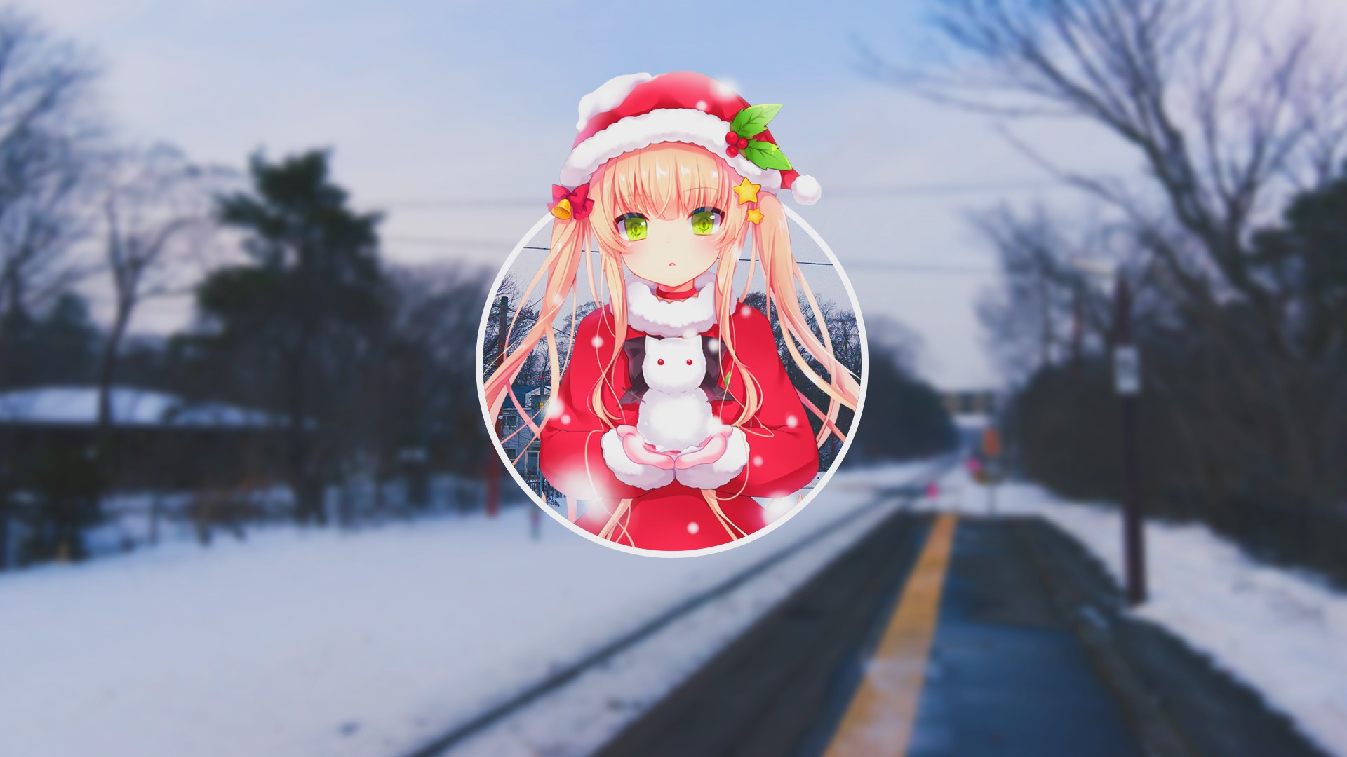 Anime girl in Christmas outfit holding a snowman HD Wallpaper