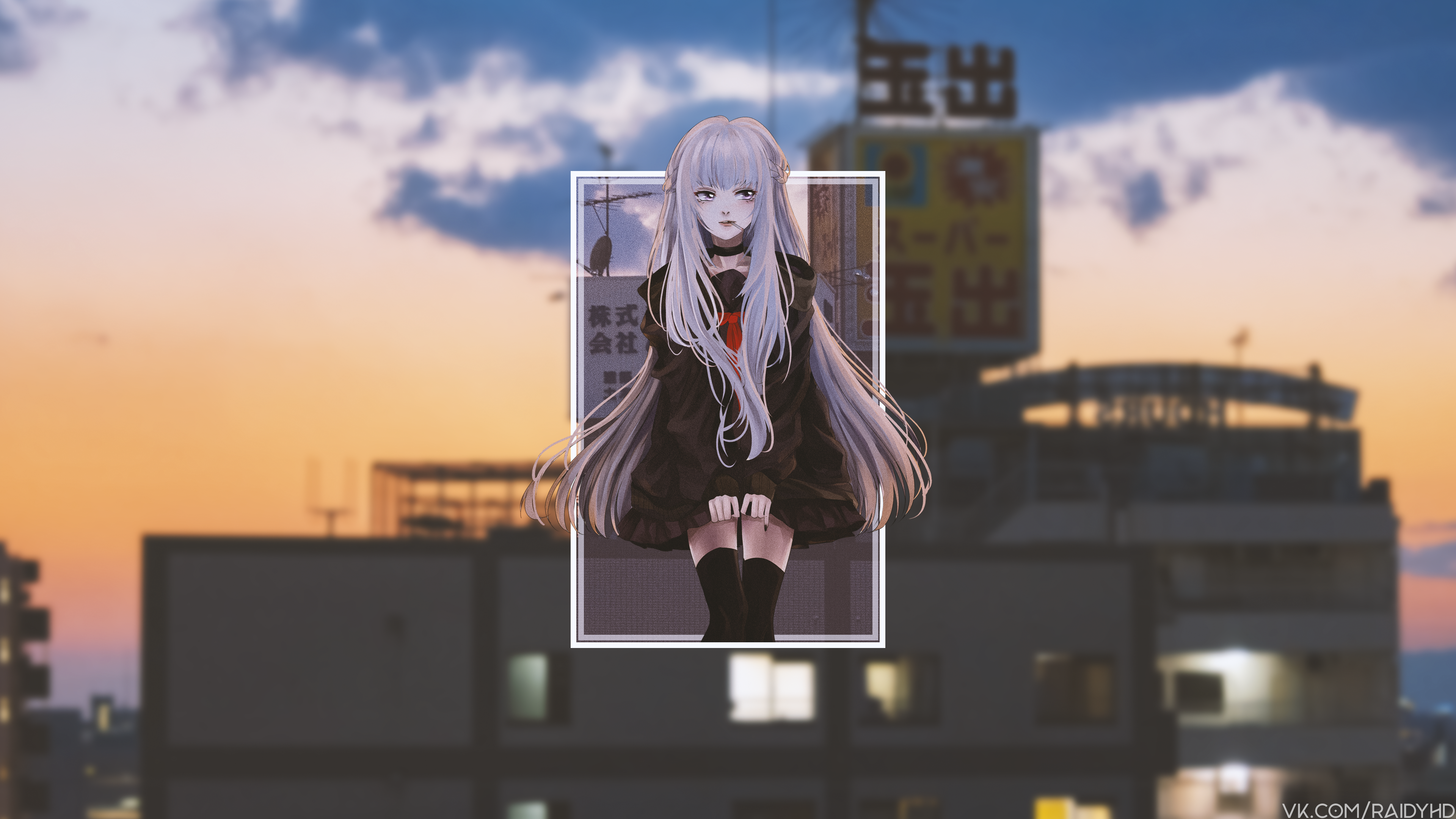 Anime girl with white hair in a black dress HD Wallpaper