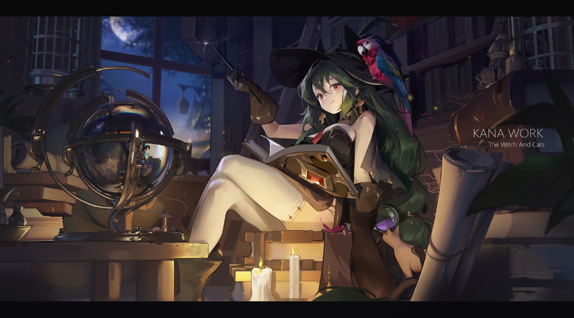 Witch reading a book with a parrot on her shoulder HD Wallpaper