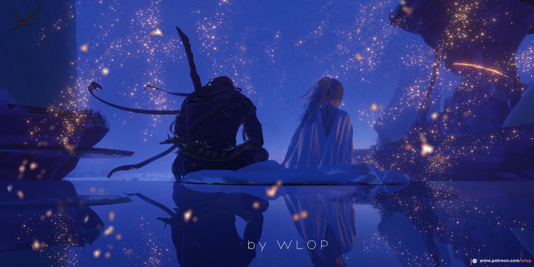 Anime couple sitting by a starry lake HD Wallpaper