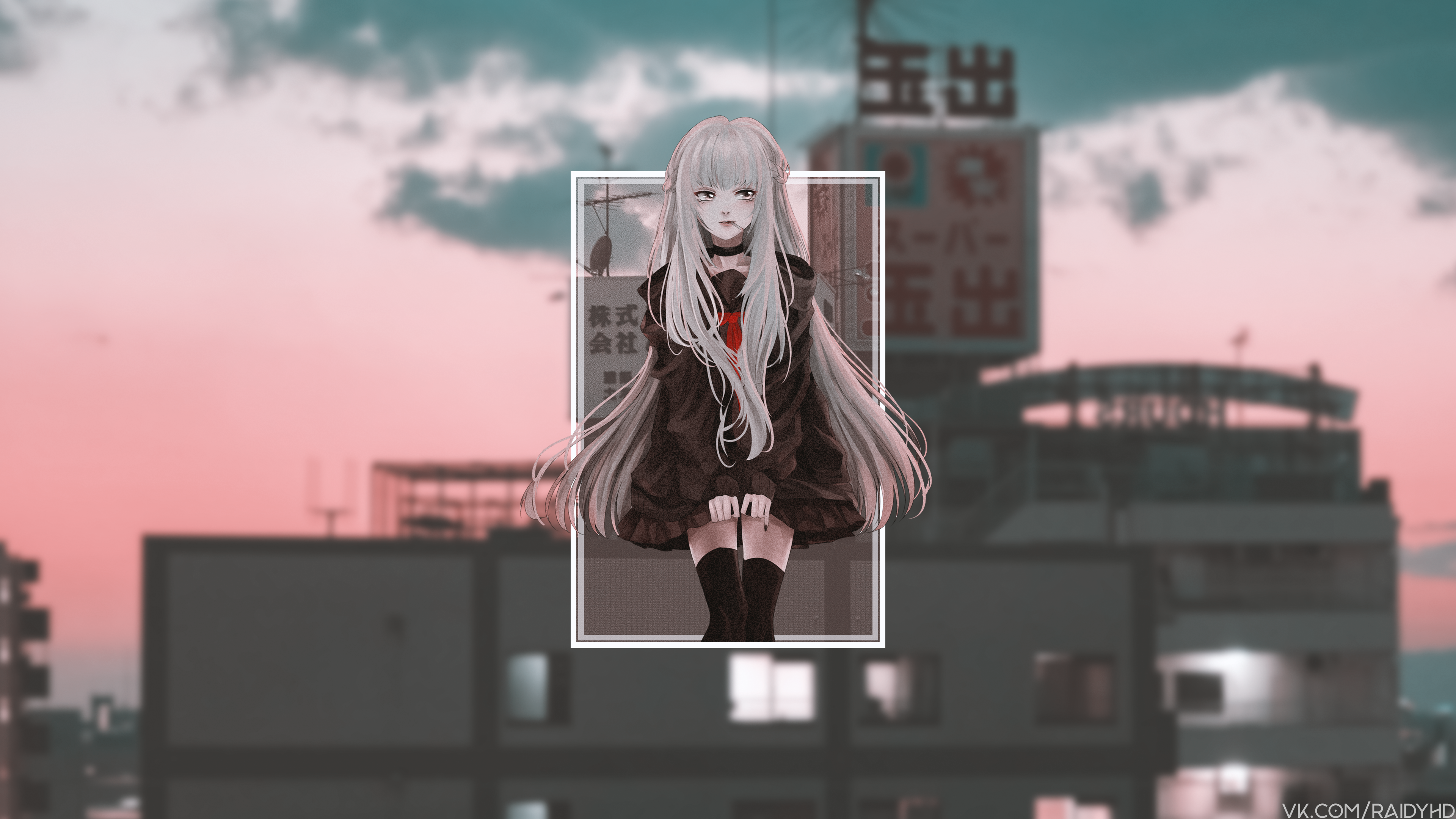 Anime girl with long white hair in a dark dress HD Wallpaper