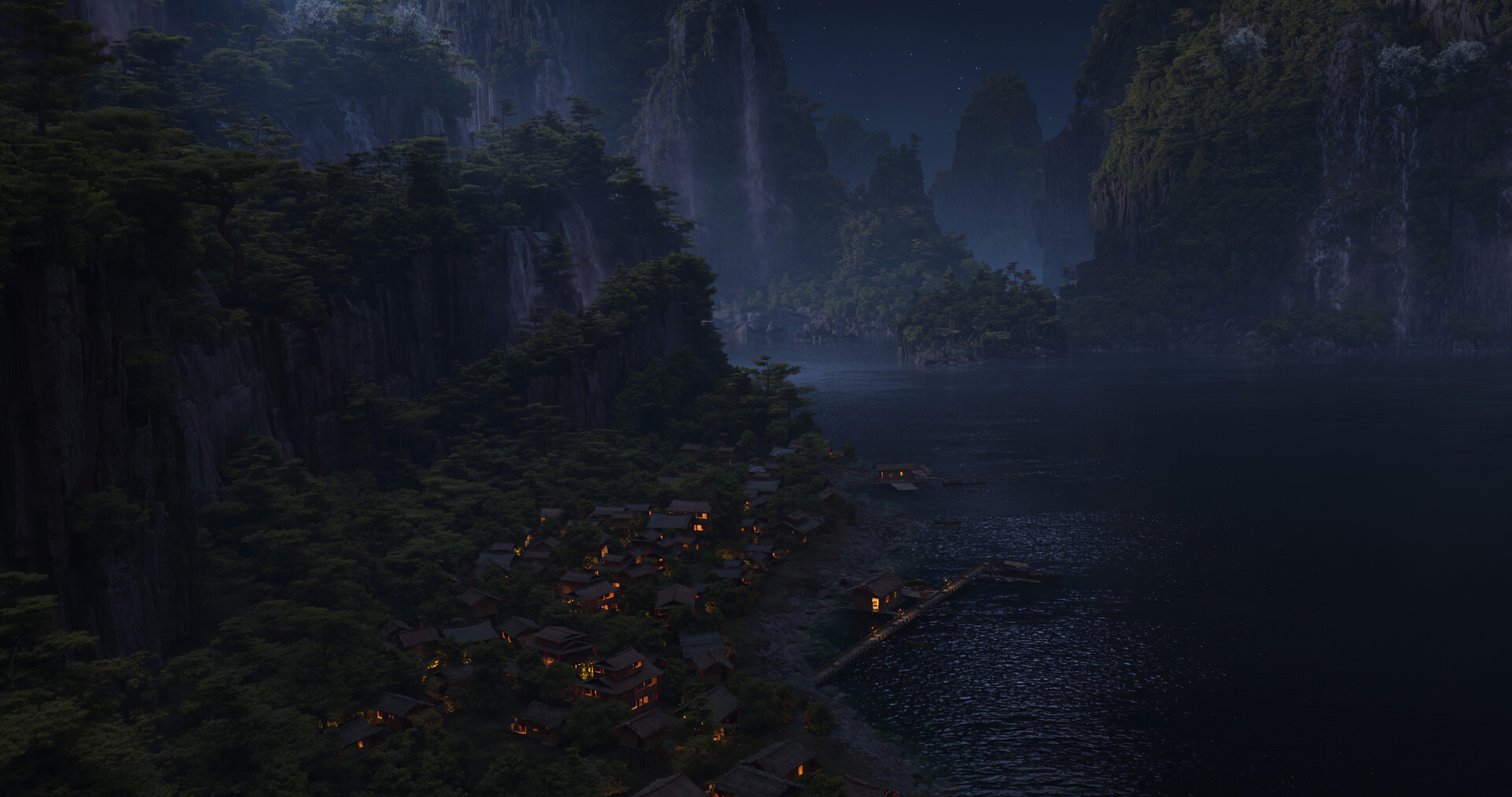 4K CGI village by mountains and lake HD Wallpaper