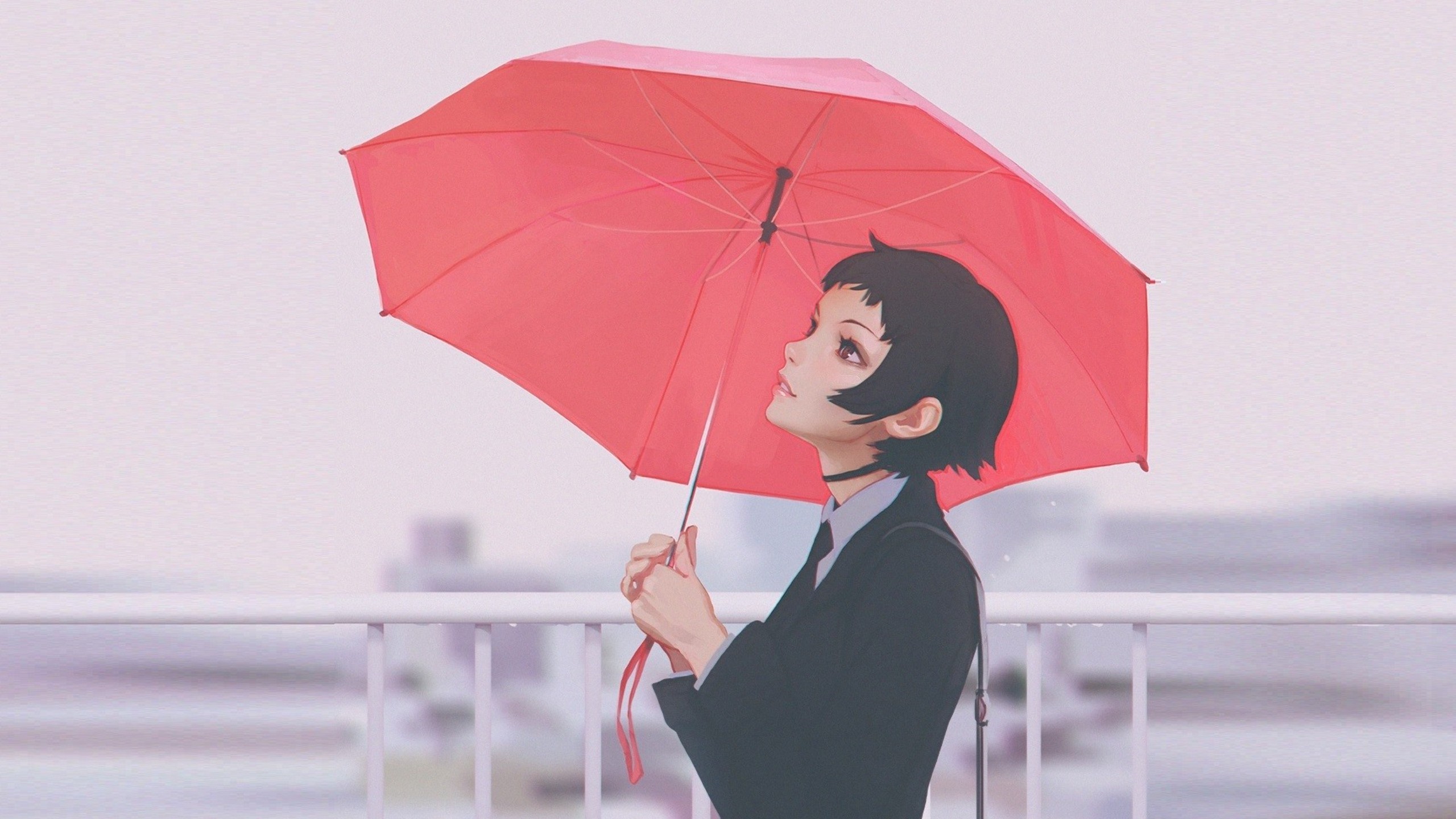 Woman with short hair holding a red umbrella HD Wallpaper