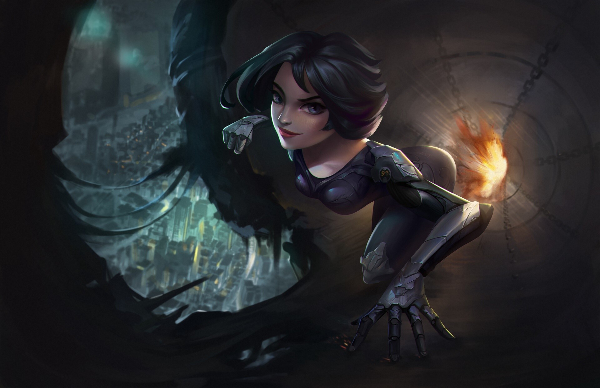 Alita from Alita: Battle Angel in a dark city HD Wallpaper