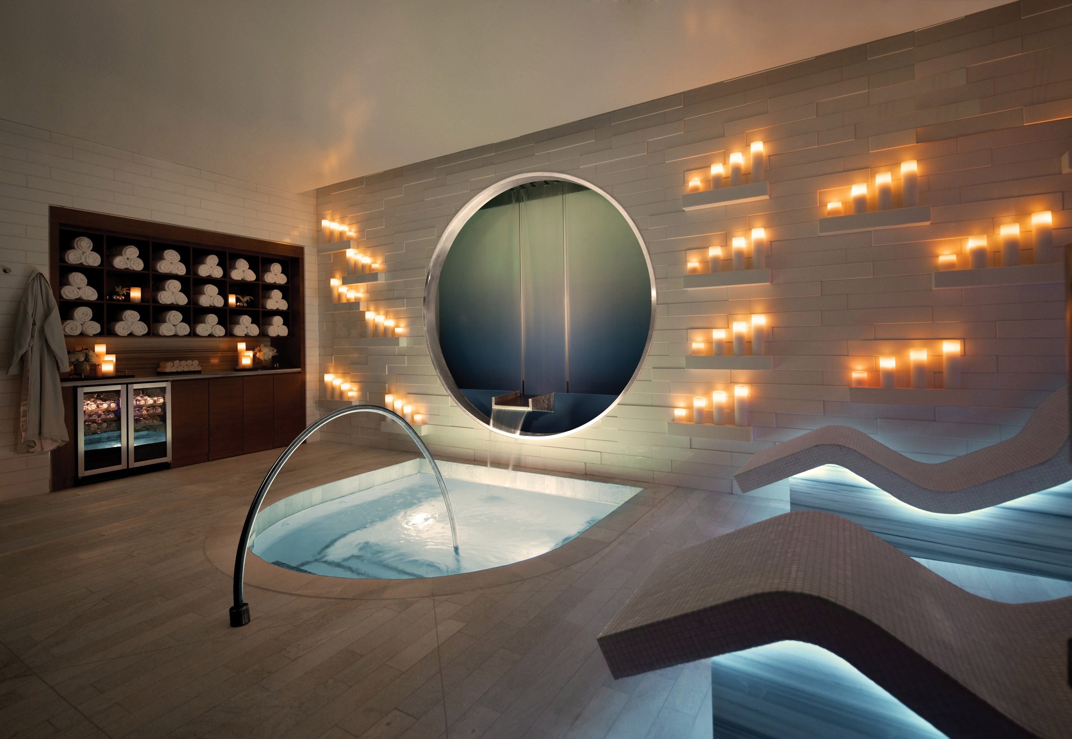 Luxury spa with jacuzzi and lounge chairs HD Wallpaper