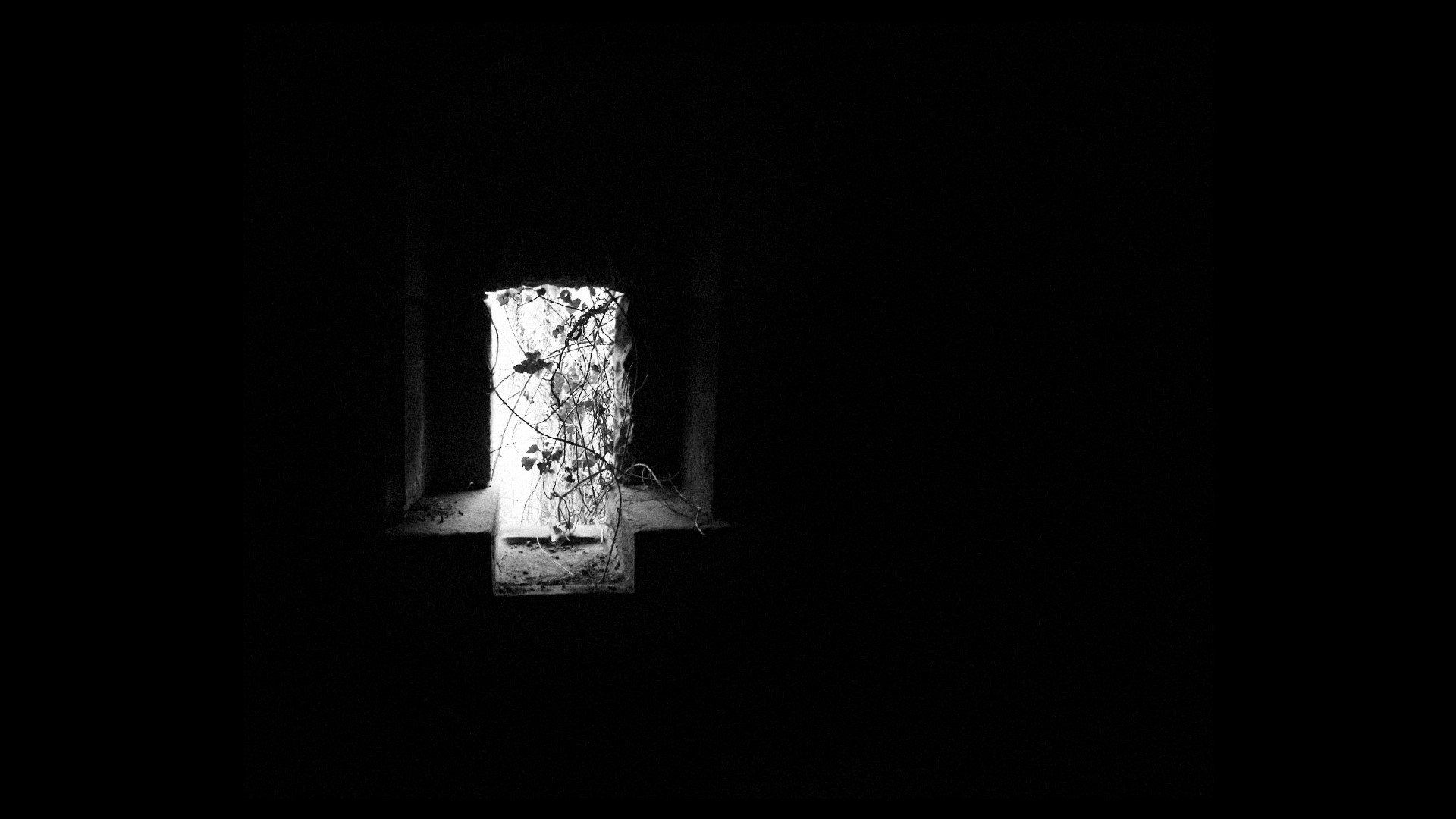 Monochrome image of a dark room with a window HD Wallpaper