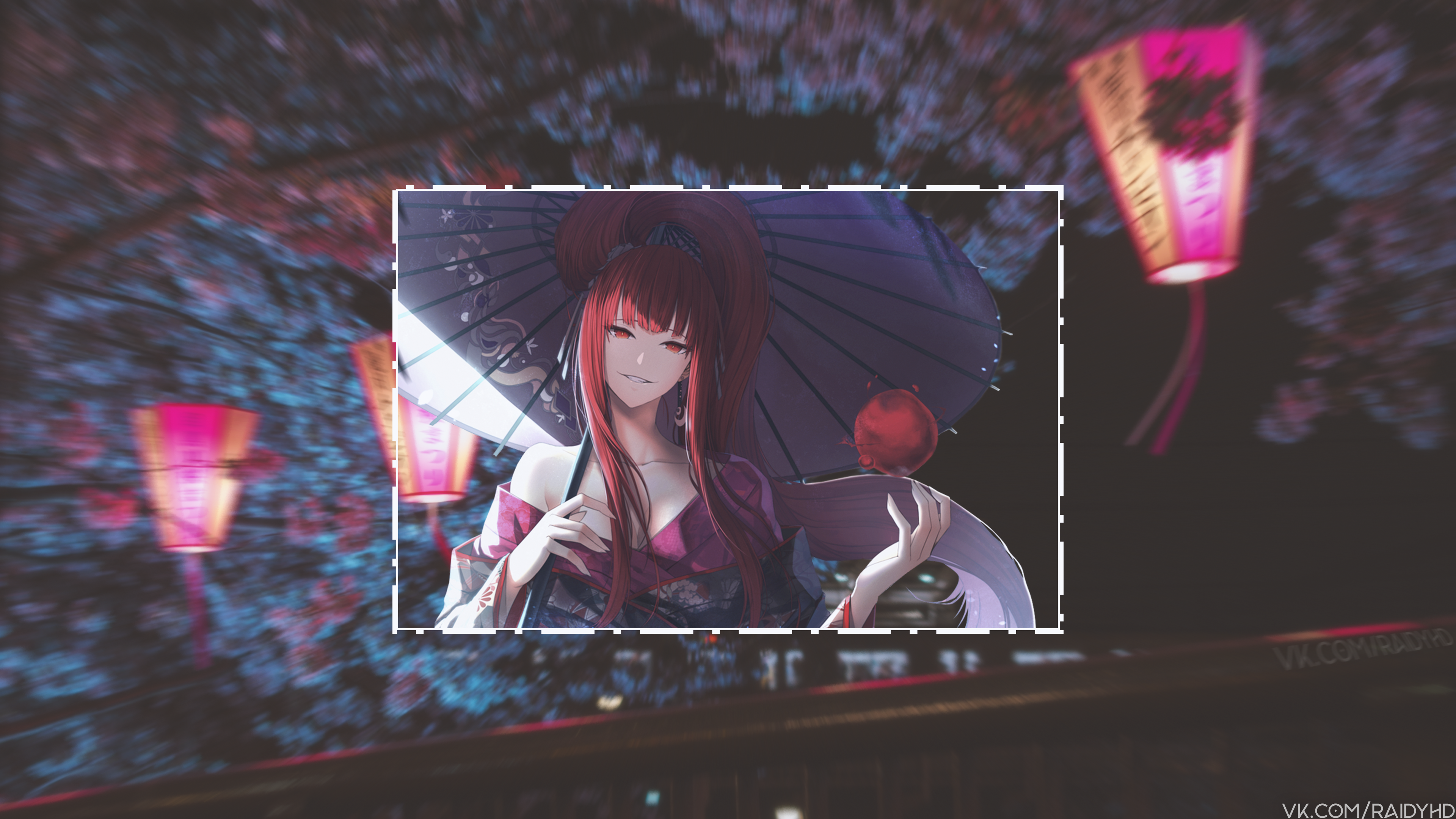 Anime girl with umbrella and lanterns HD Wallpaper