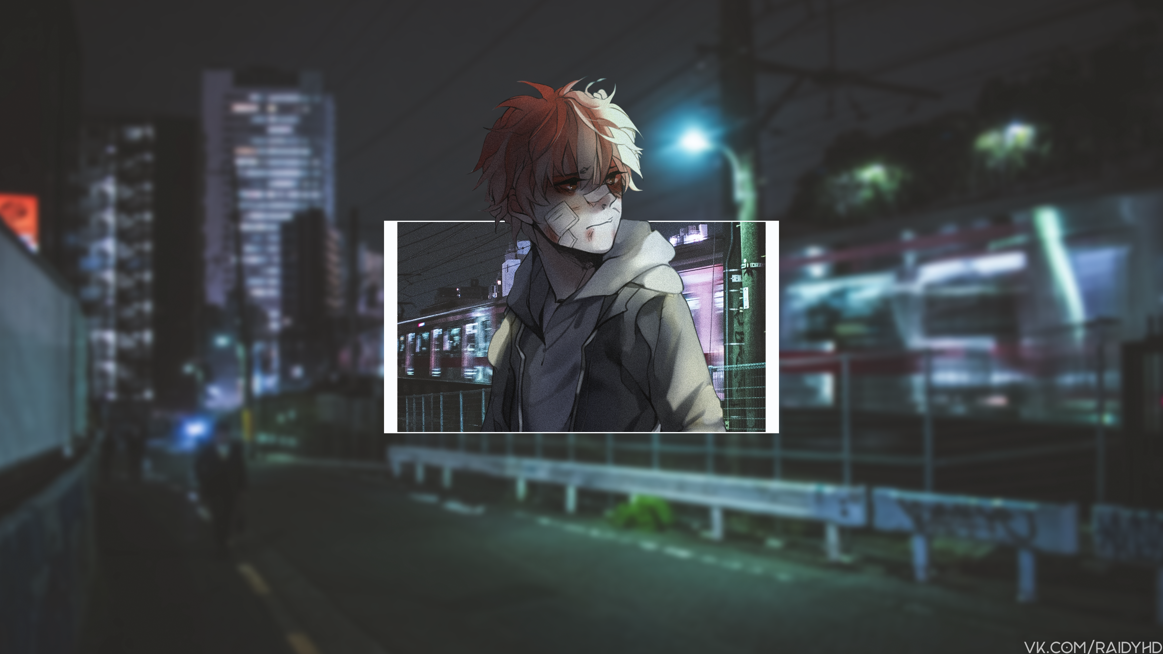 Anime boy with bandages in a city at night HD Wallpaper