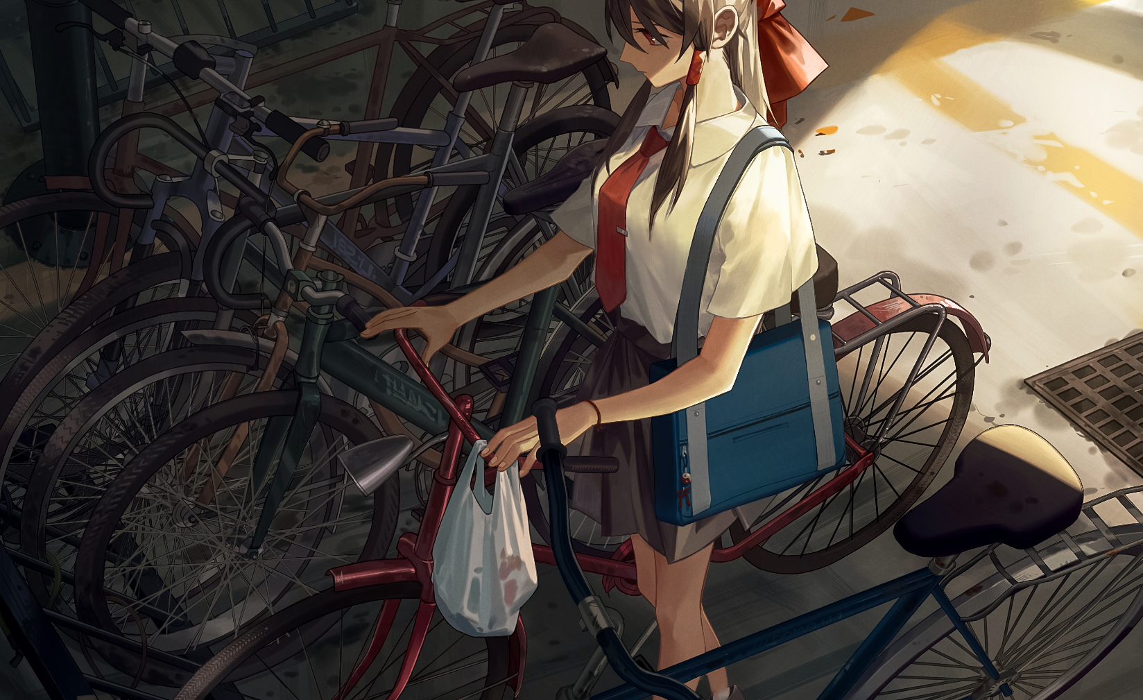 Anime girl in school uniform with bicycles HD Wallpaper