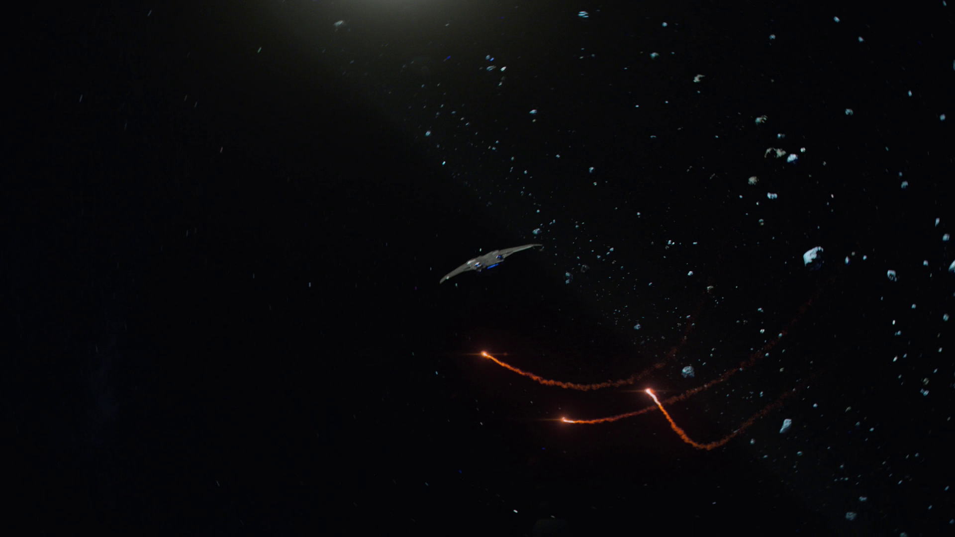 Spaceship firing missiles in space with asteroids HD Wallpaper