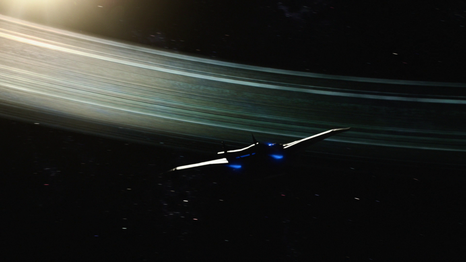Spaceship flying near Saturn's rings HD Wallpaper
