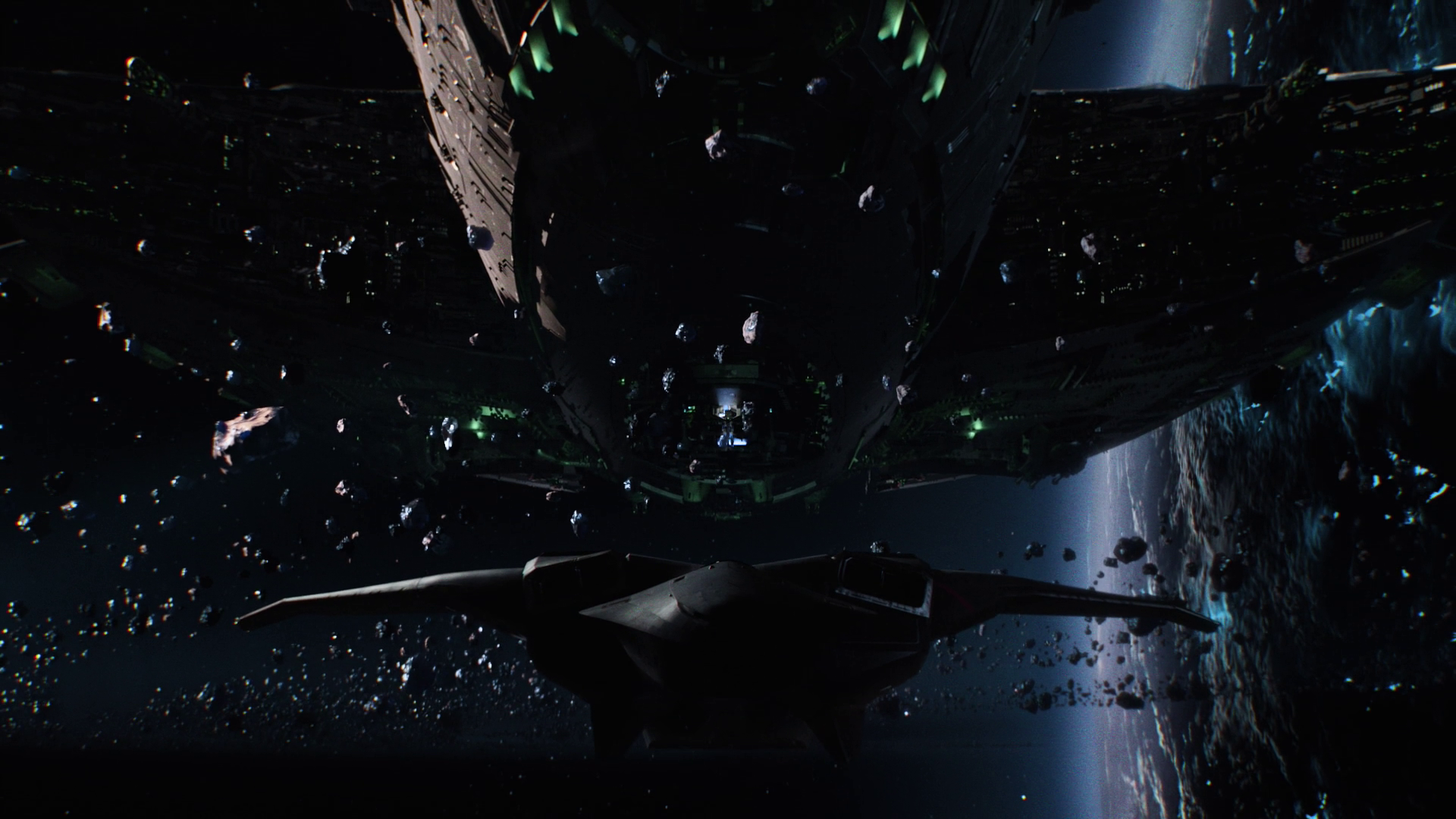 Spaceship and asteroids near a planet HD Wallpaper