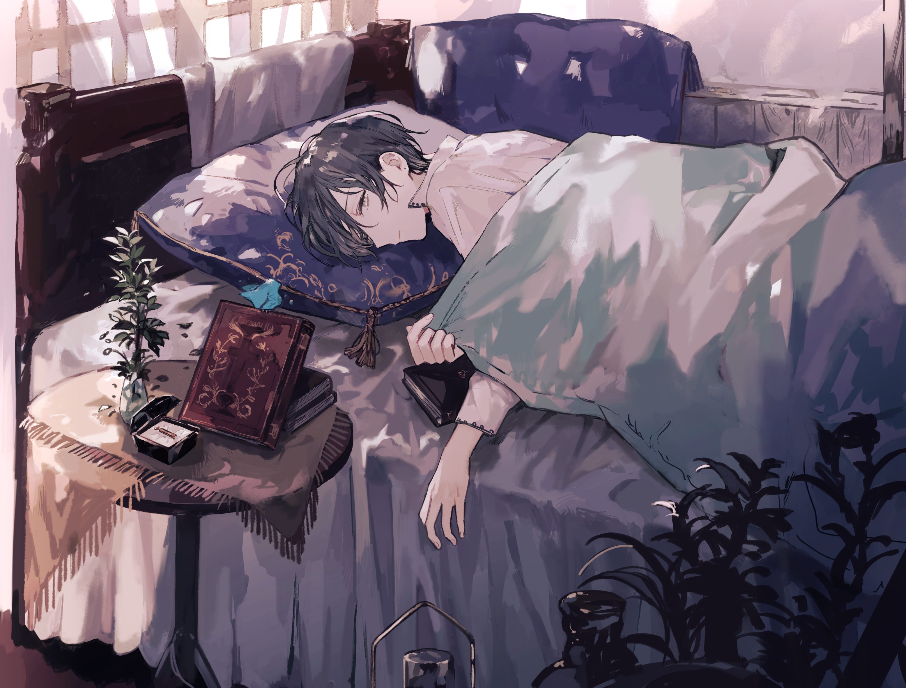 Male sleeping in bed with dappled sunlight HD Wallpaper
