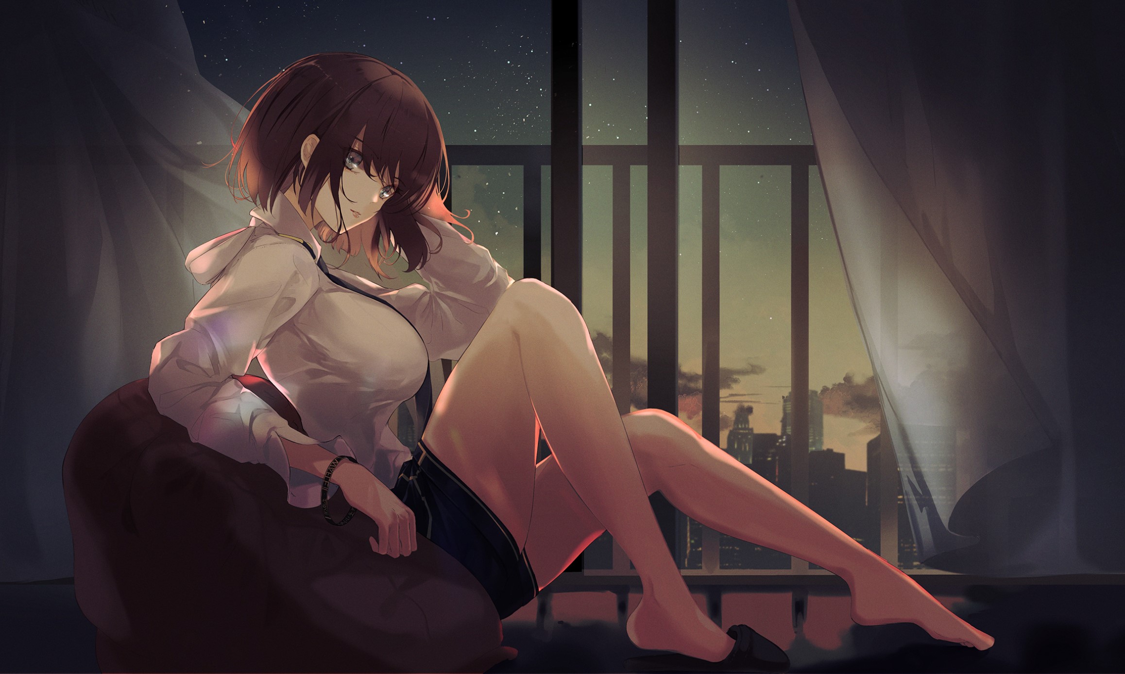 Woman on a balcony at night overlooking a city HD Wallpaper