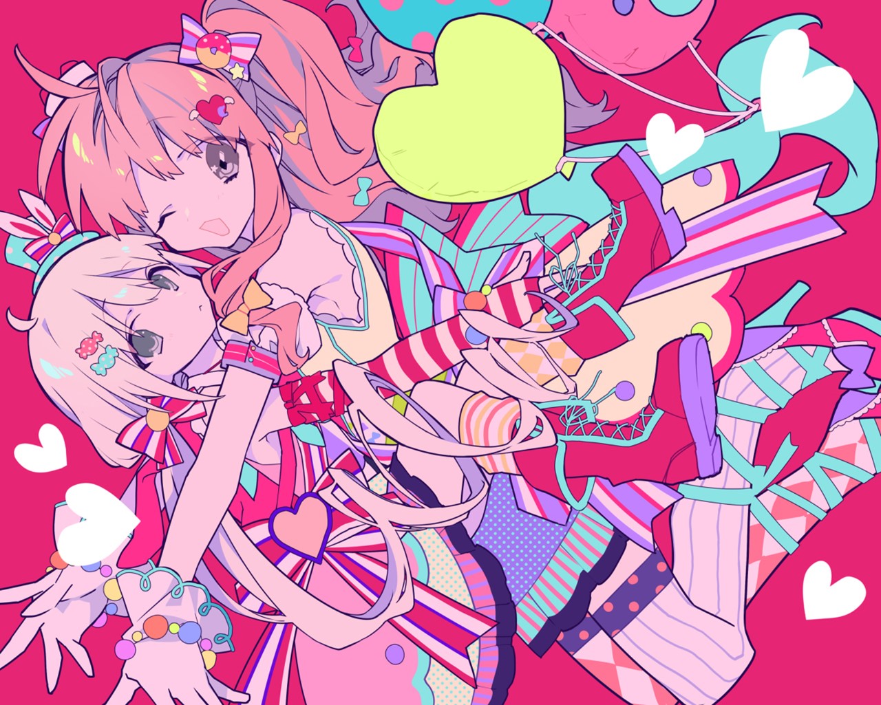 Two anime girls with colorful outfits and heart balloons HD Wallpaper