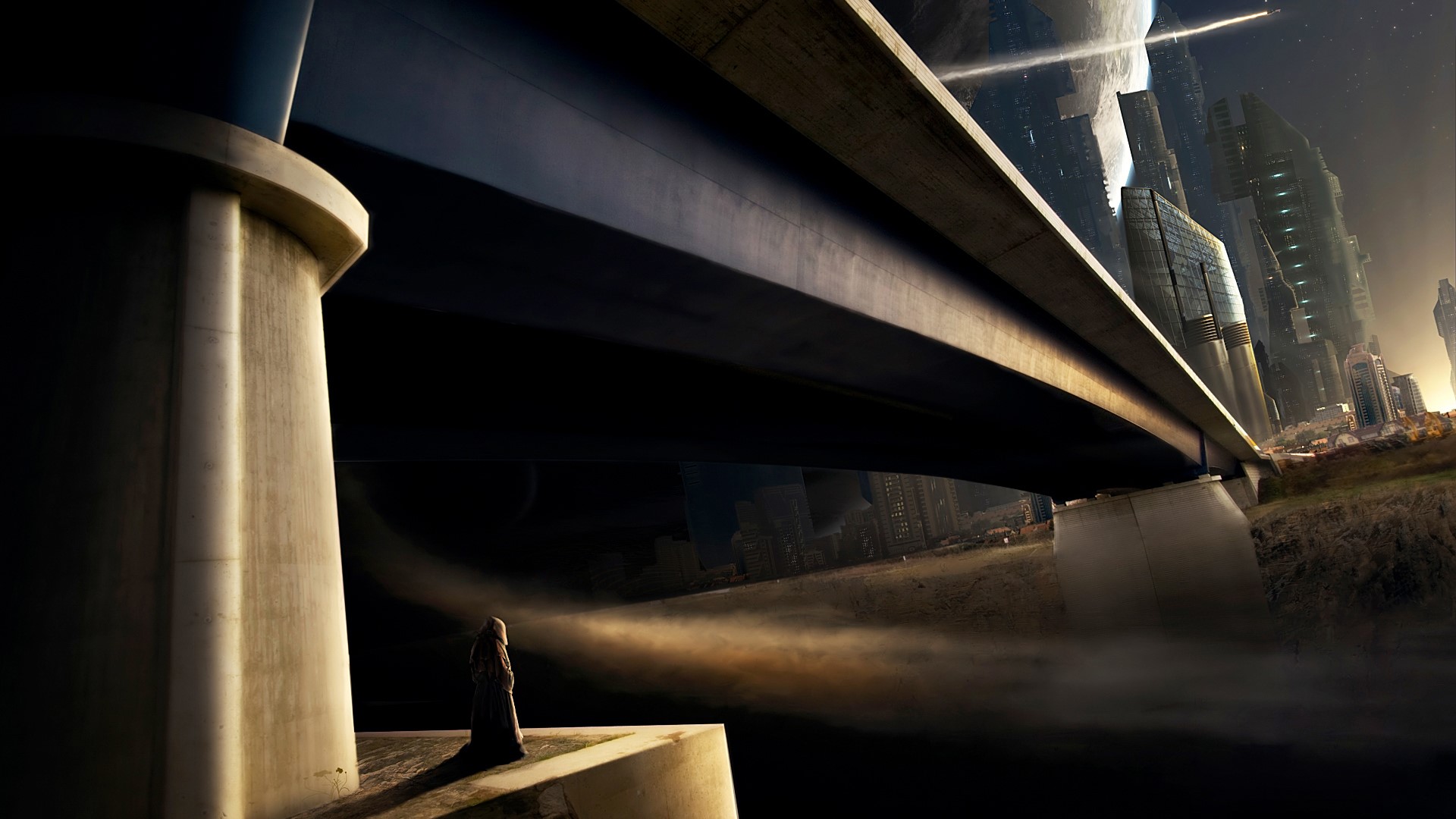 Monk under a futuristic bridge overlooking a city HD Wallpaper