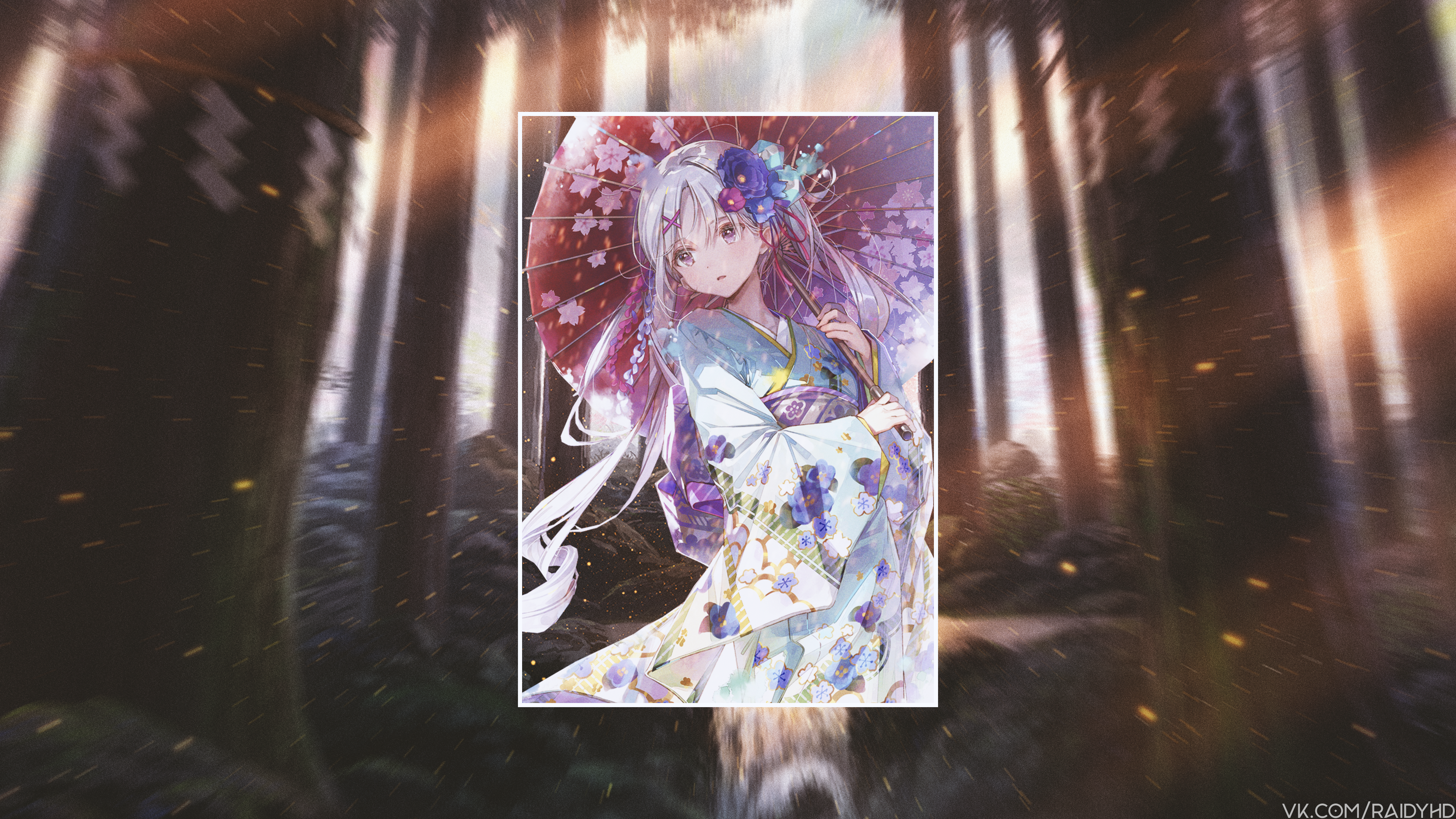 Anime girl in kimono holding umbrella HD Wallpaper
