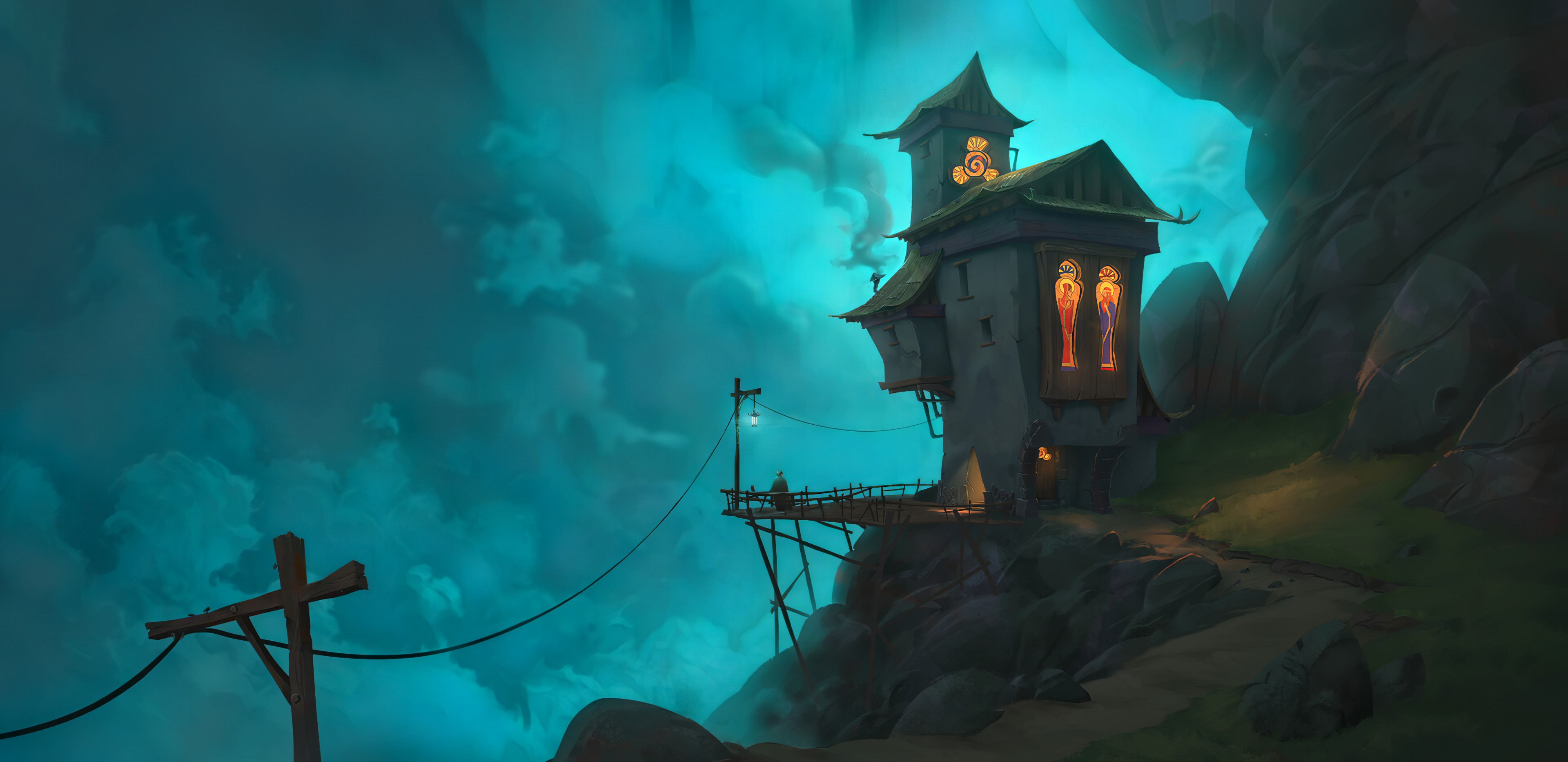 Fantasy cliffside house with stained glass windows HD Wallpaper