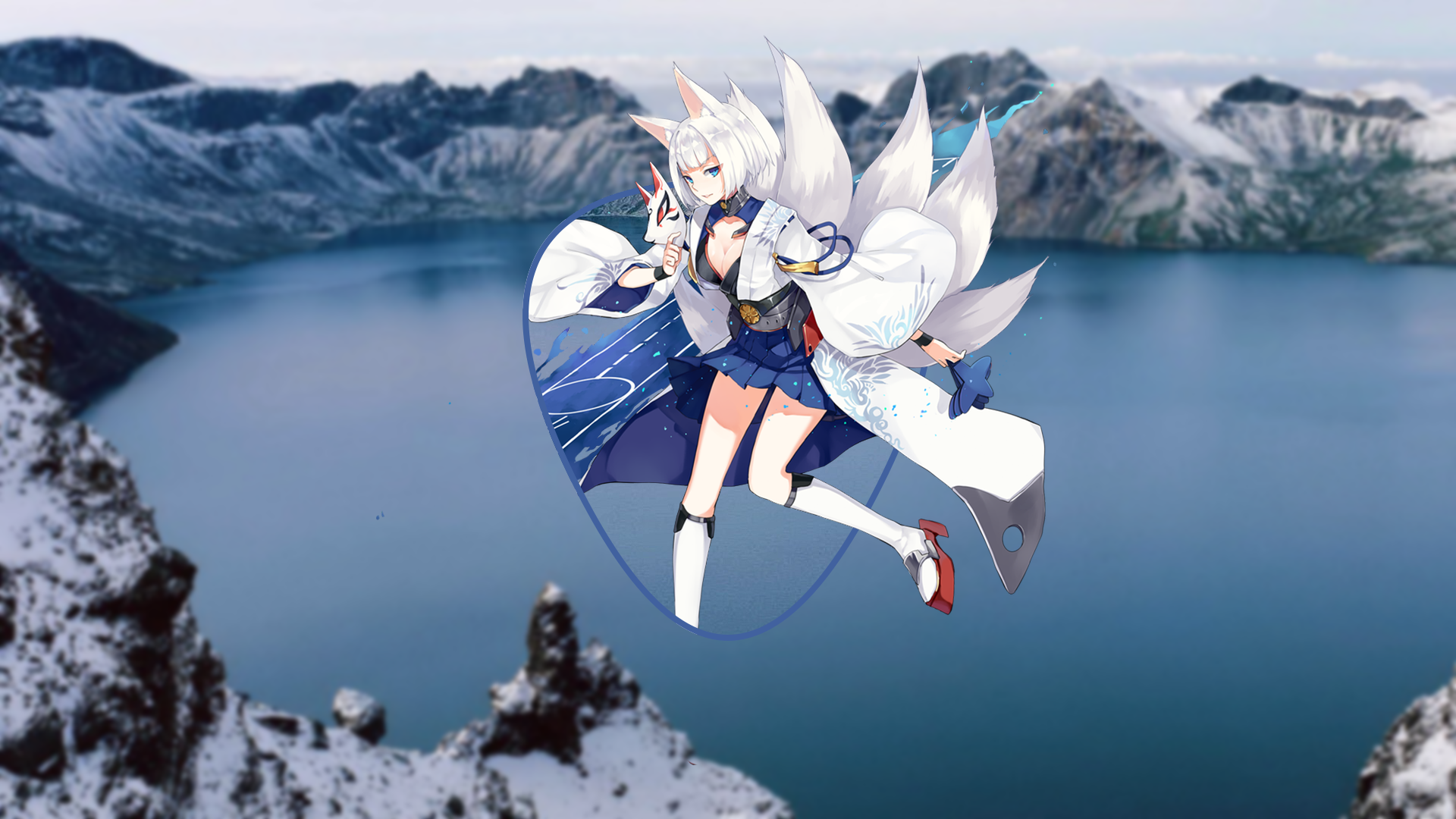 Anime girl with fox ears and tails in front of lake HD Wallpaper