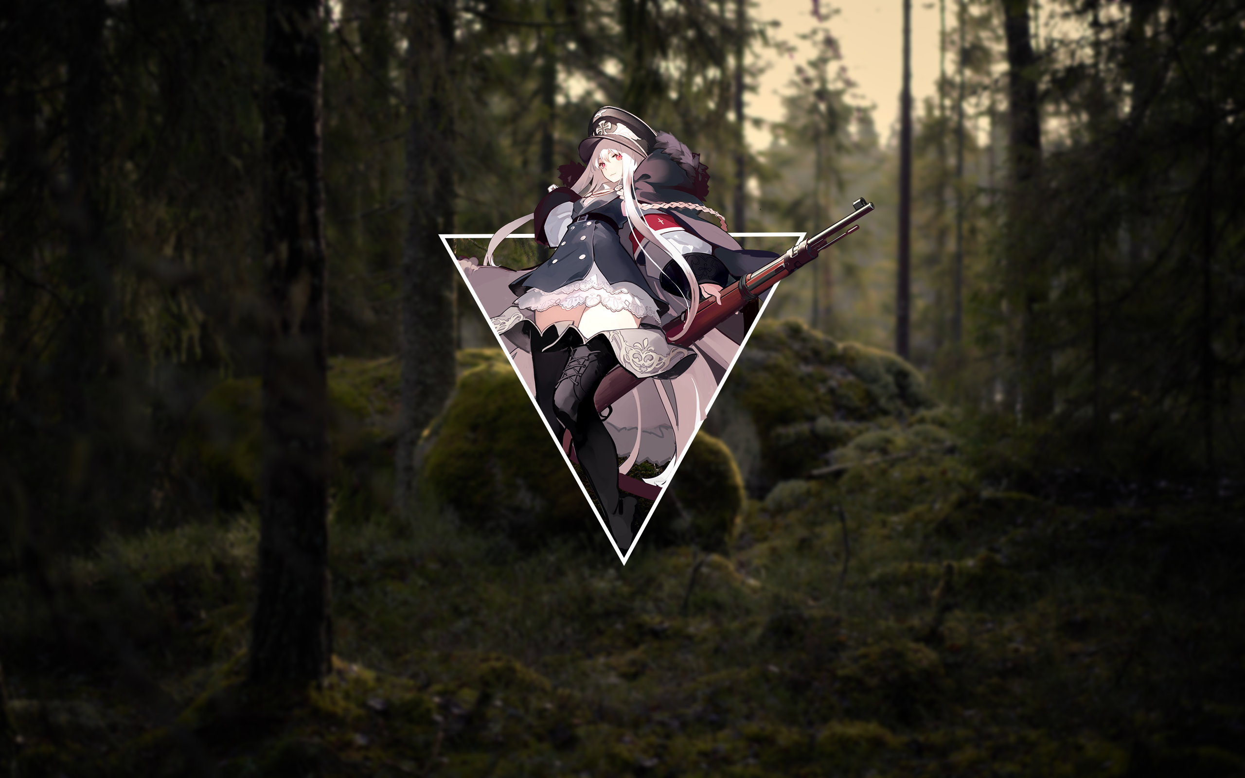 Anime girl with rifle in forest HD Wallpaper