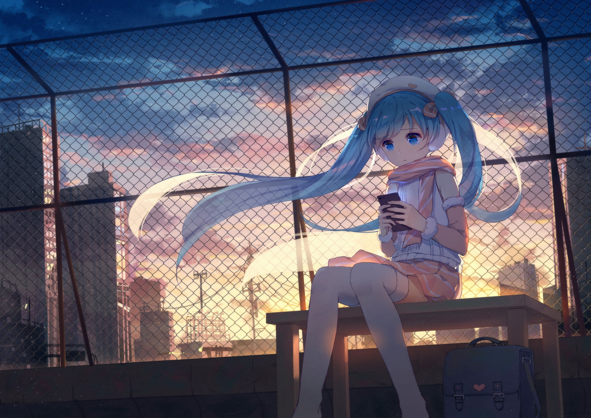 Hatsune Miku from Vocaloid sitting with smartphone HD Wallpaper