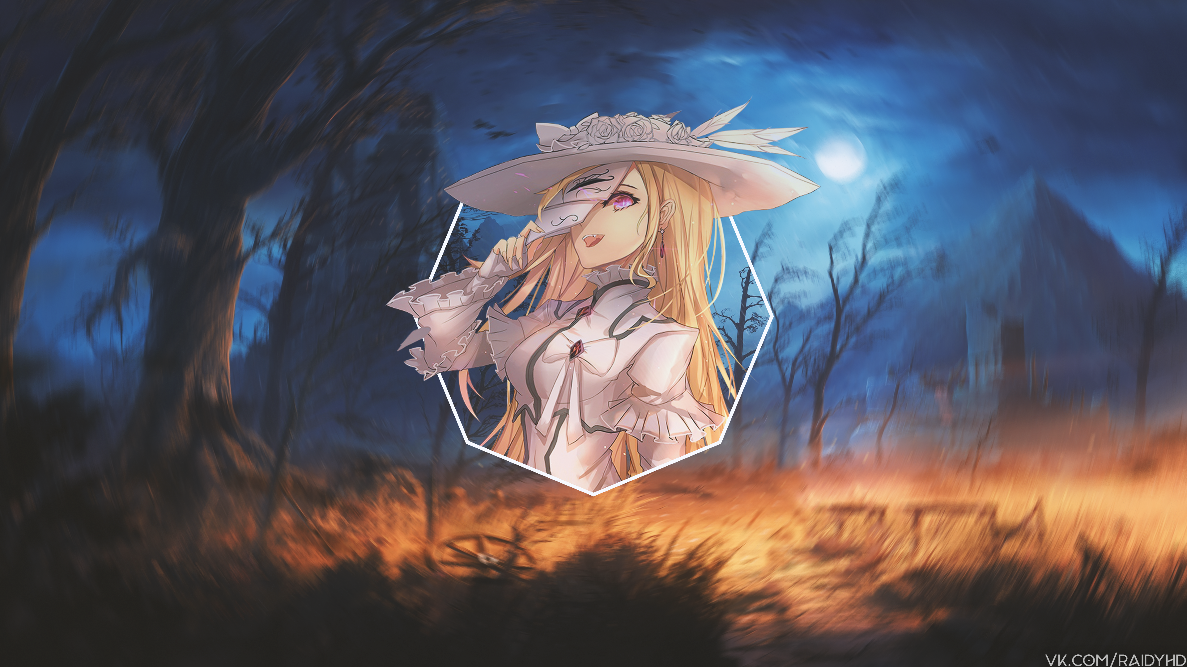 Anime girl with mask and hat in forest HD Wallpaper