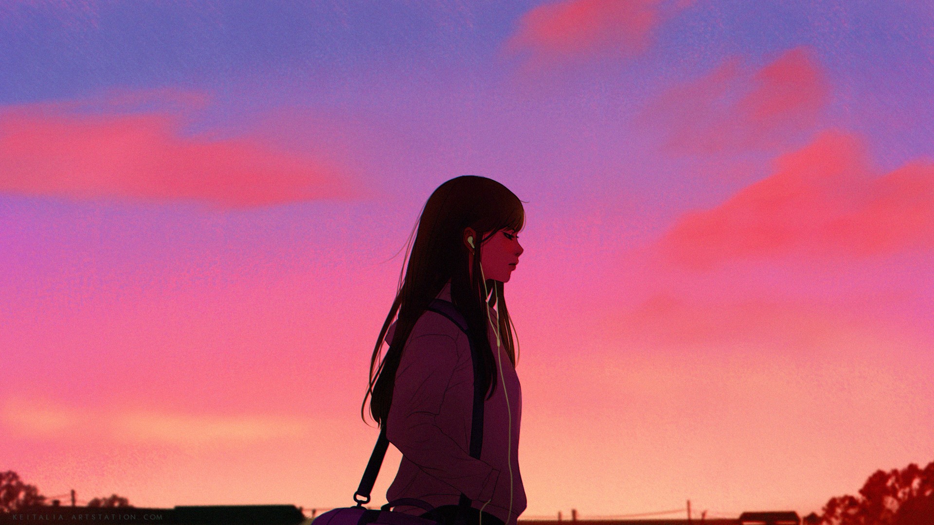 Anime girl with headphones and bag at sunset HD Wallpaper