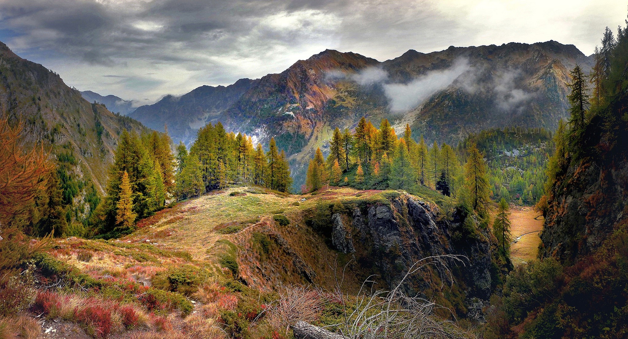 Autumn mountain landscape with trees and clouds HD Wallpaper