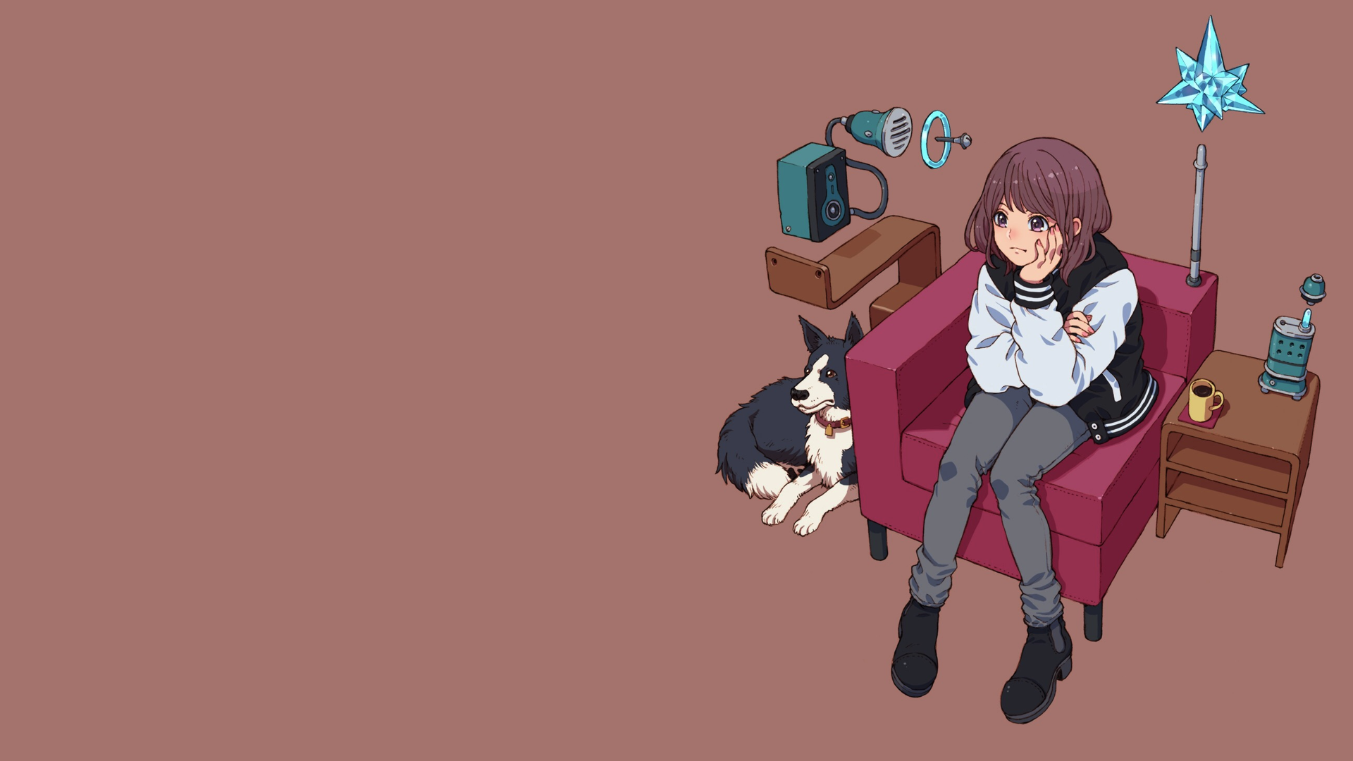Girl and dog sitting on a couch with objects HD Wallpaper