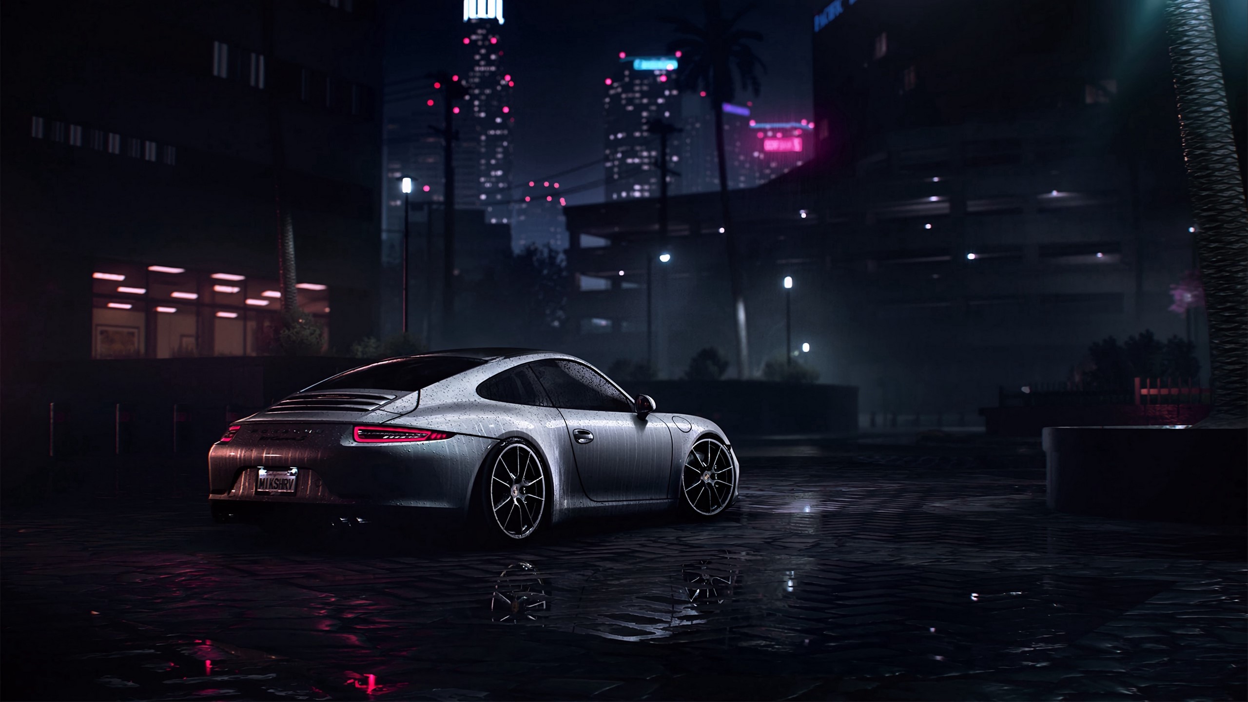Porsche 911 in a wet city at night HD Wallpaper