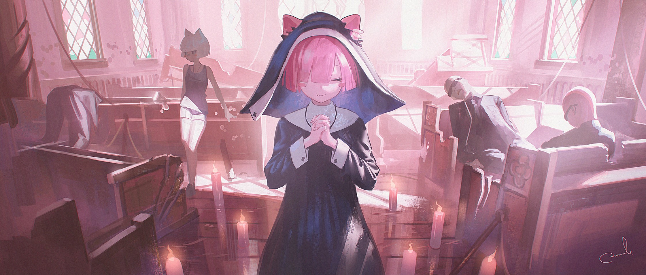 Anime girls in a church with cat ears HD Wallpaper