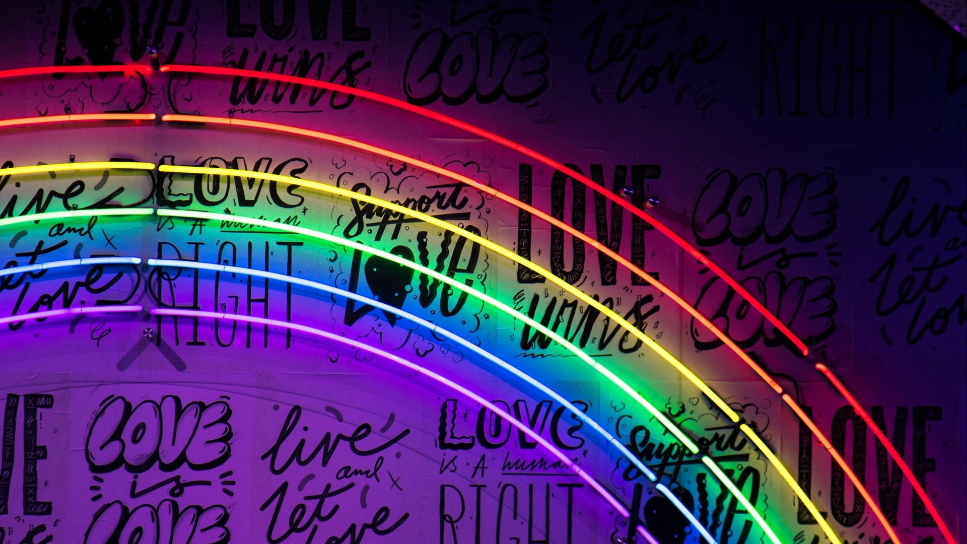 Rainbow neon lights on a wall with 'love' text HD Wallpaper