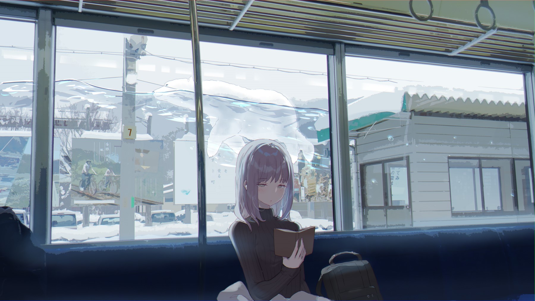 Anime girl reading a book on a snowy bus ride HD Wallpaper
