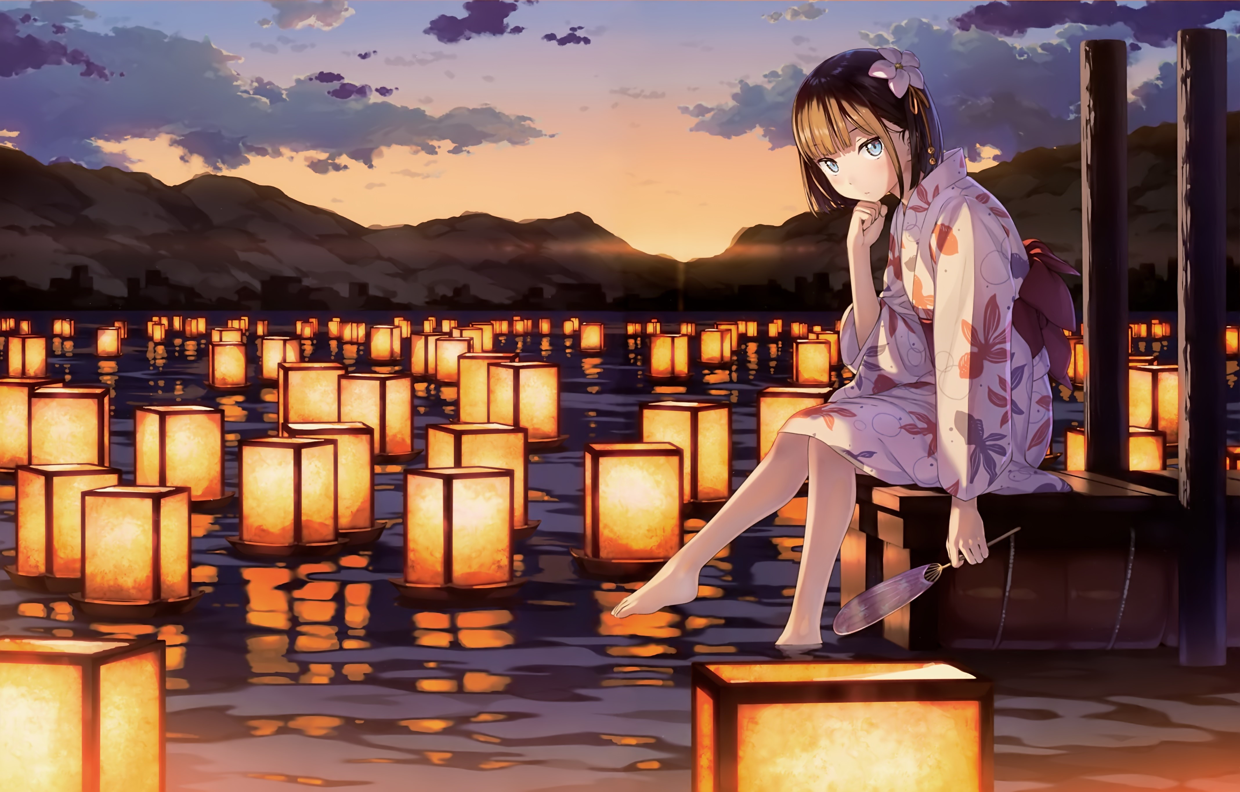 Girl in Kimono Sitting by Lanterns on Water at Sunset HD Wallpaper