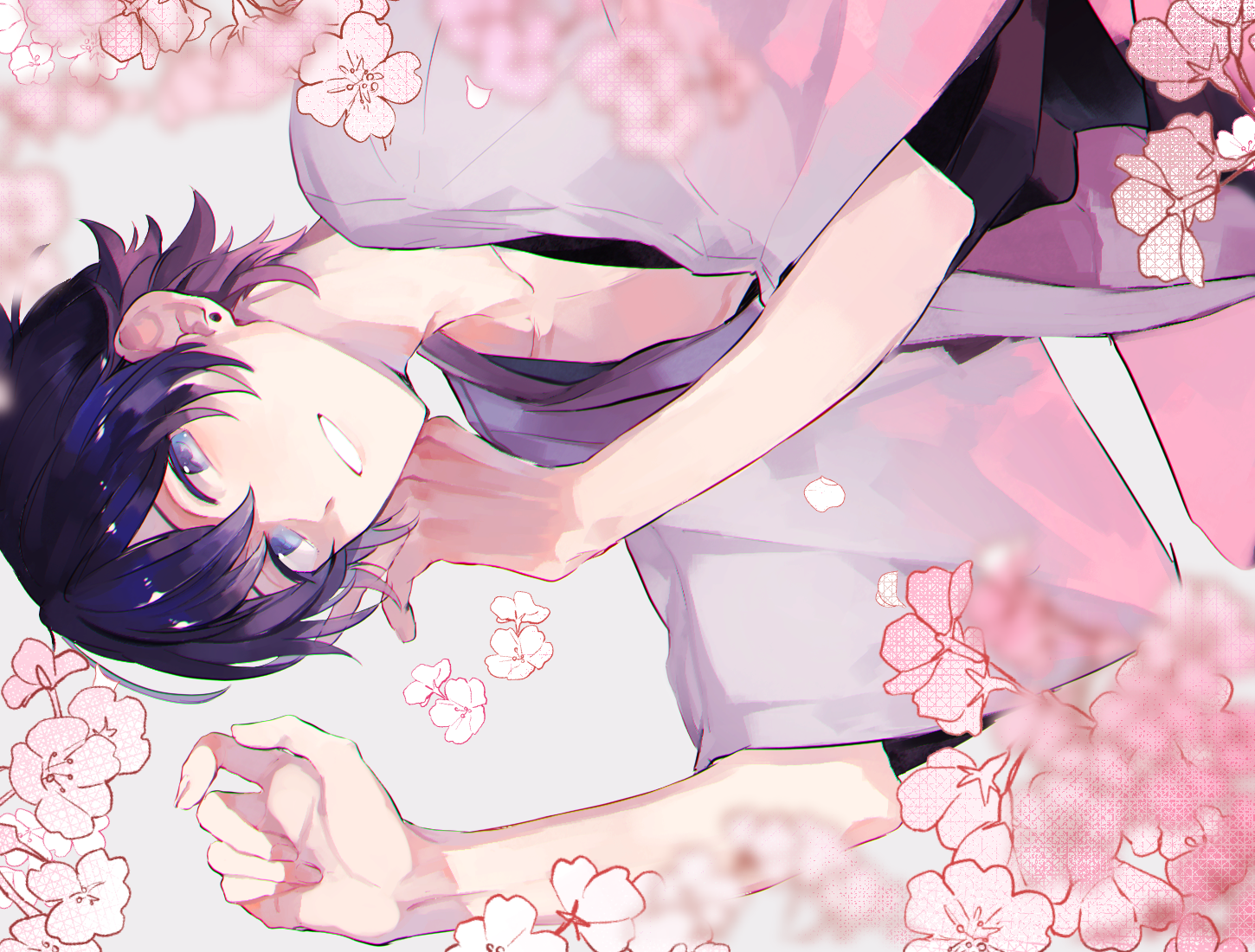 Anime boy with blue hair lying down surrounded by cherry blossoms HD Wallpaper