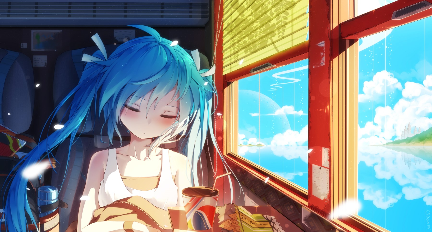 Anime girl with blue twintails sleeping on a train HD Wallpaper