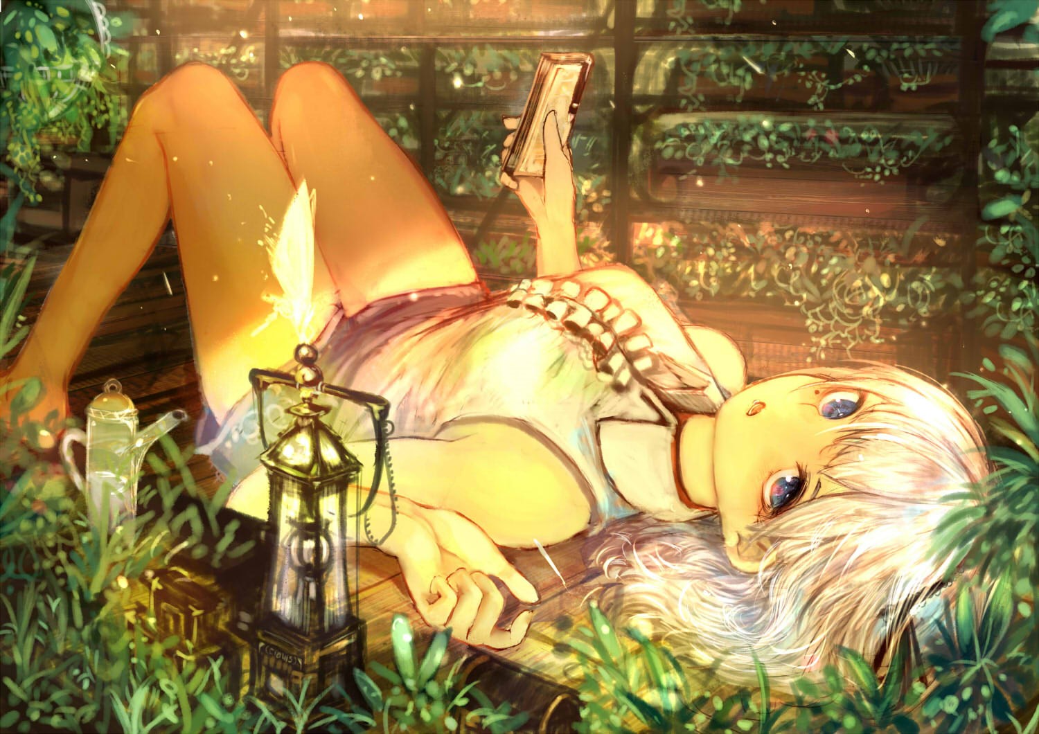 Anime girl with white hair in a garden HD Wallpaper