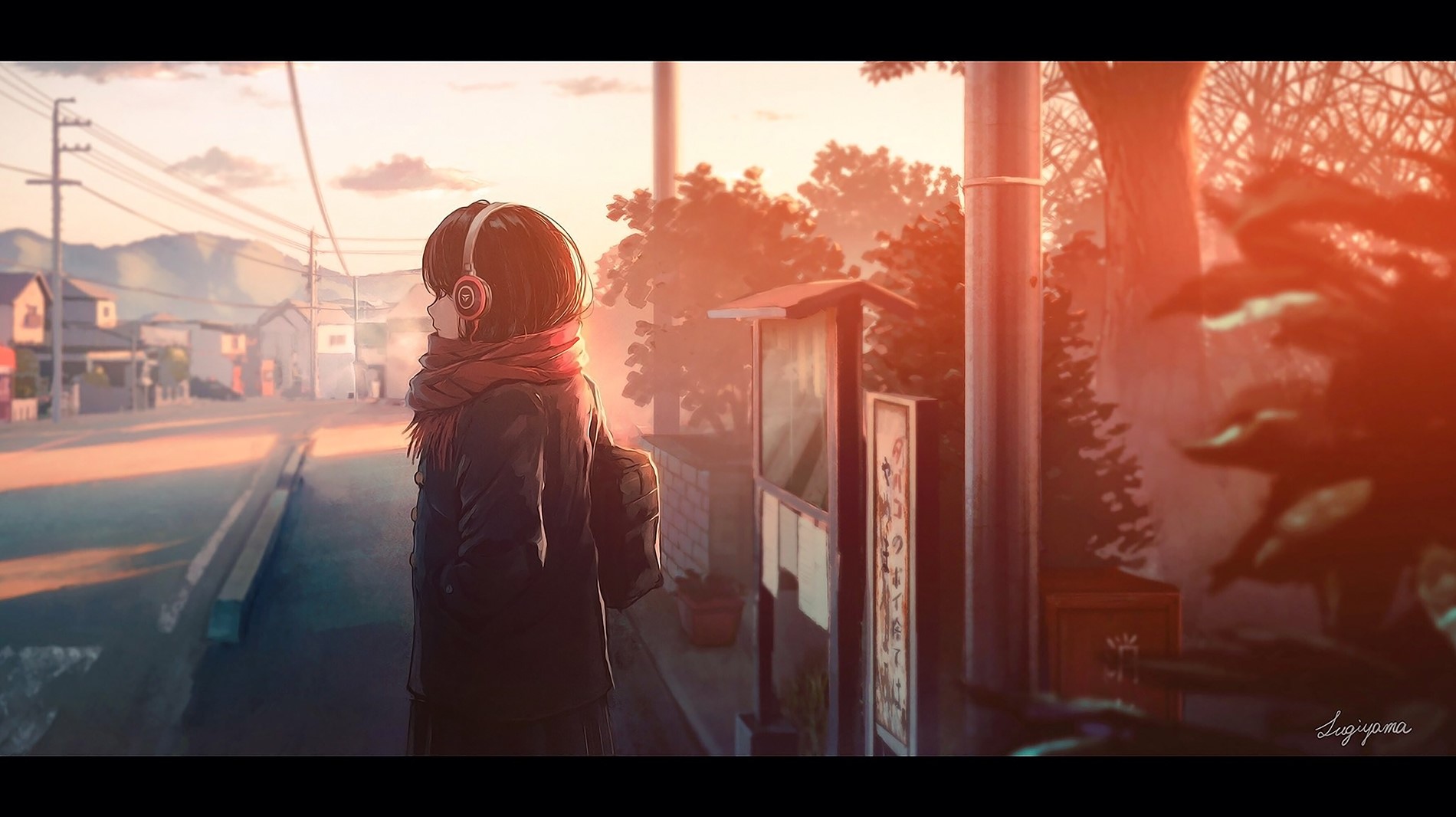 Anime girl with headphones and scarf in a town at sunset HD Wallpaper