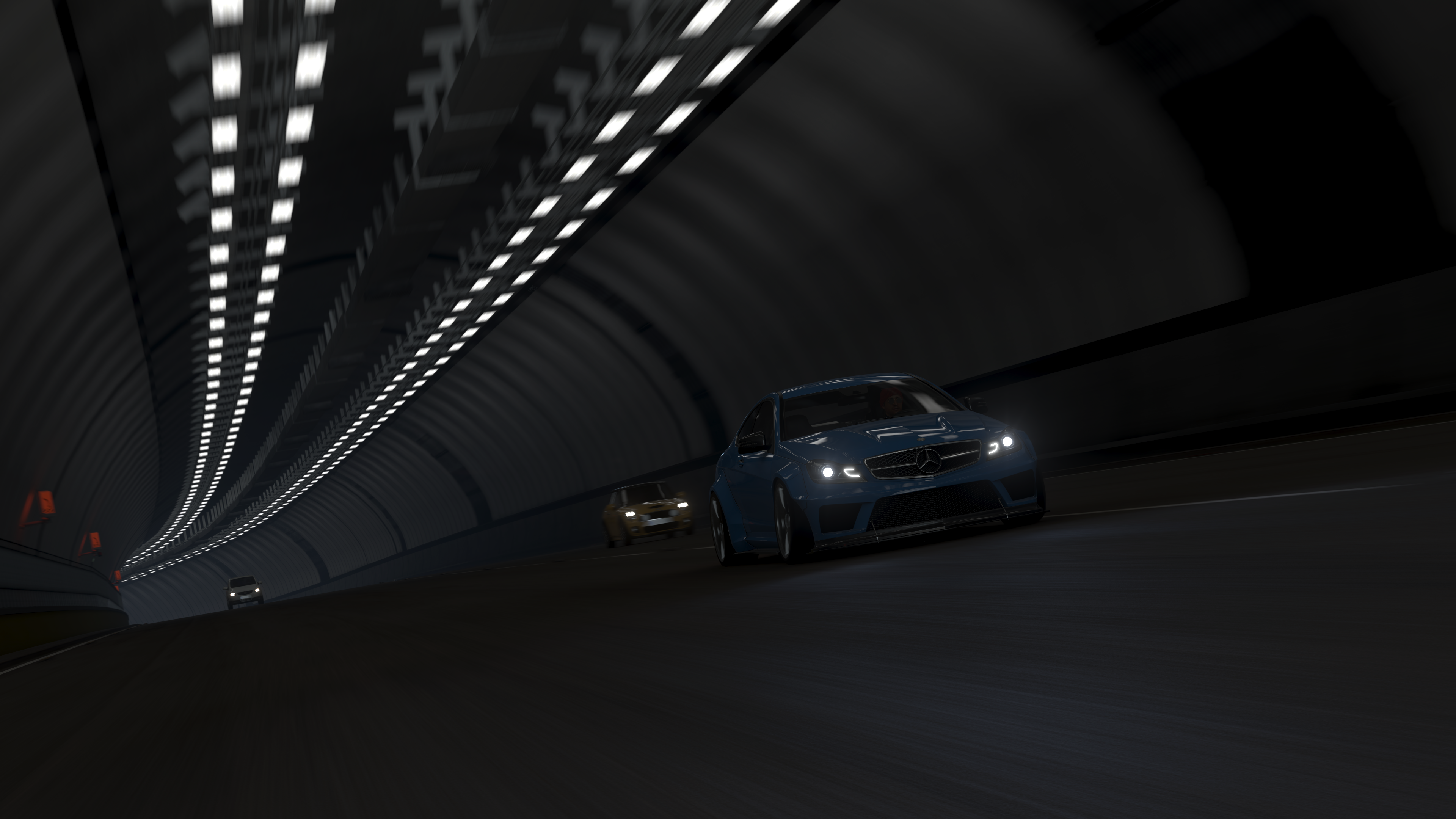 Blue Mercedes-Benz C63 AMG in Forza Horizon 4 tunnel HD Wallpaper
